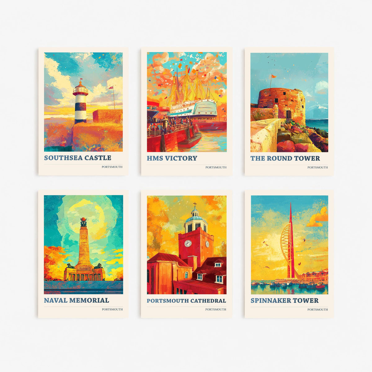 Set of Six Portsmouth Art Prints - 6 Colourspritz Travel Posters - Southsea Castle, HMS Victory, Round Tower, Spinnaker Tower Painting
