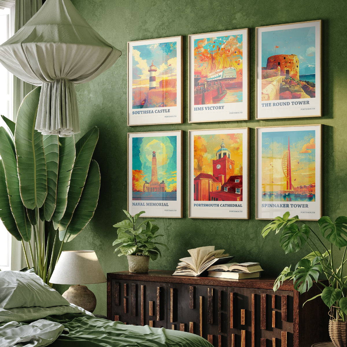 Set of Six Portsmouth Art Prints - 6 Colourspritz Travel Posters - Southsea Castle, HMS Victory, Round Tower, Spinnaker Tower Painting