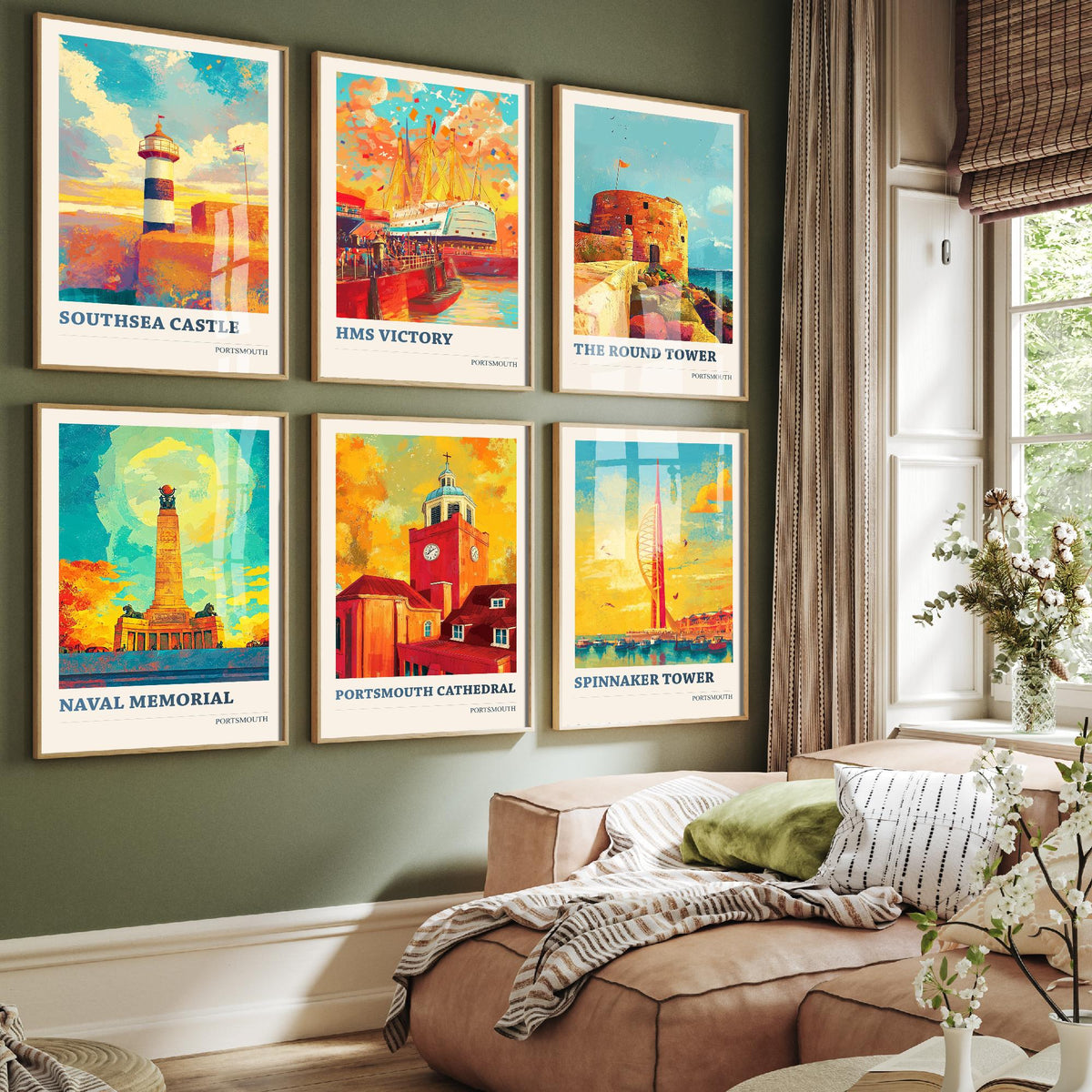 Set of Six Portsmouth Art Prints - 6 Colourspritz Travel Posters - Southsea Castle, HMS Victory, Round Tower, Spinnaker Tower Painting