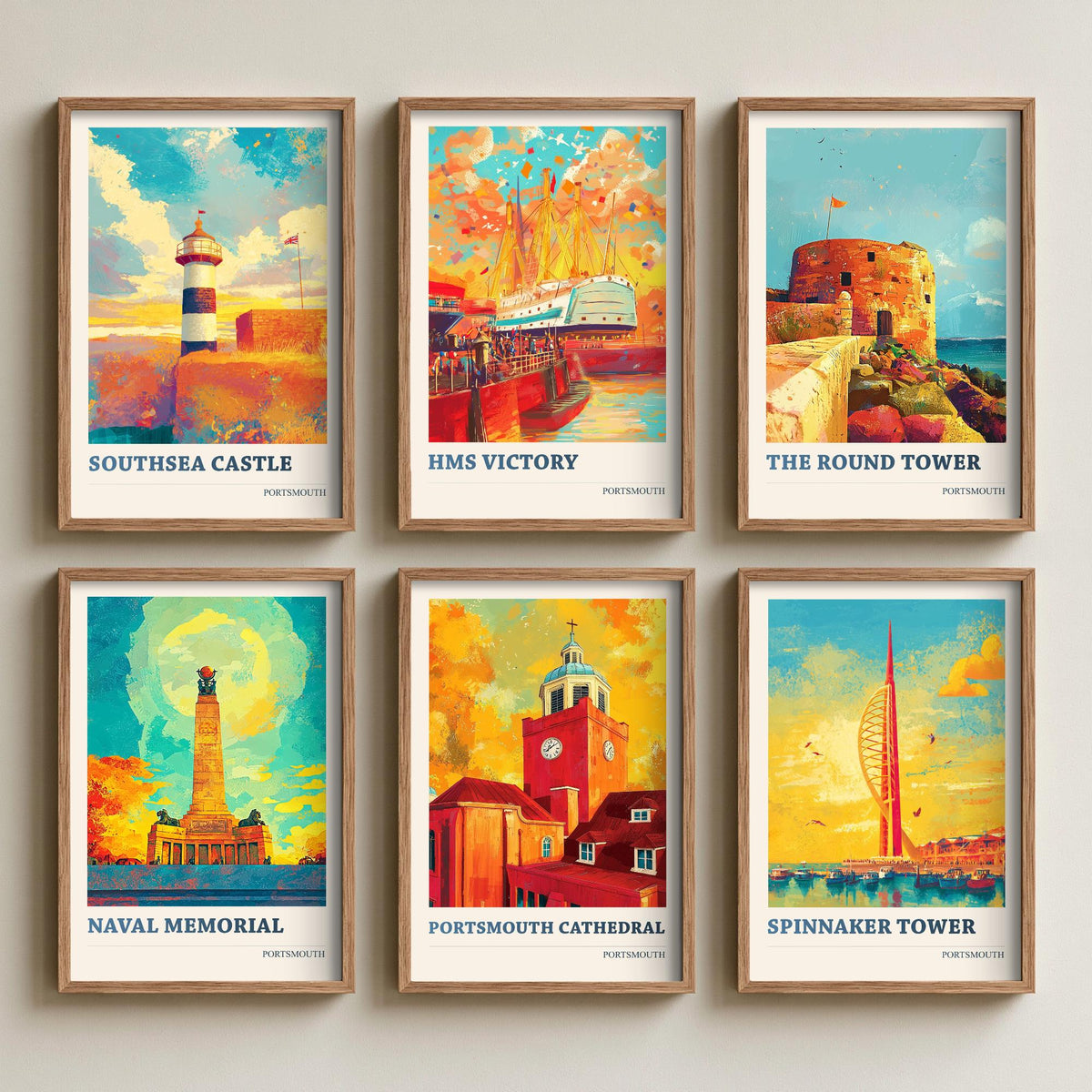 Set of Six Portsmouth Art Prints - 6 Colourspritz Travel Posters - Southsea Castle, HMS Victory, Round Tower, Spinnaker Tower Painting