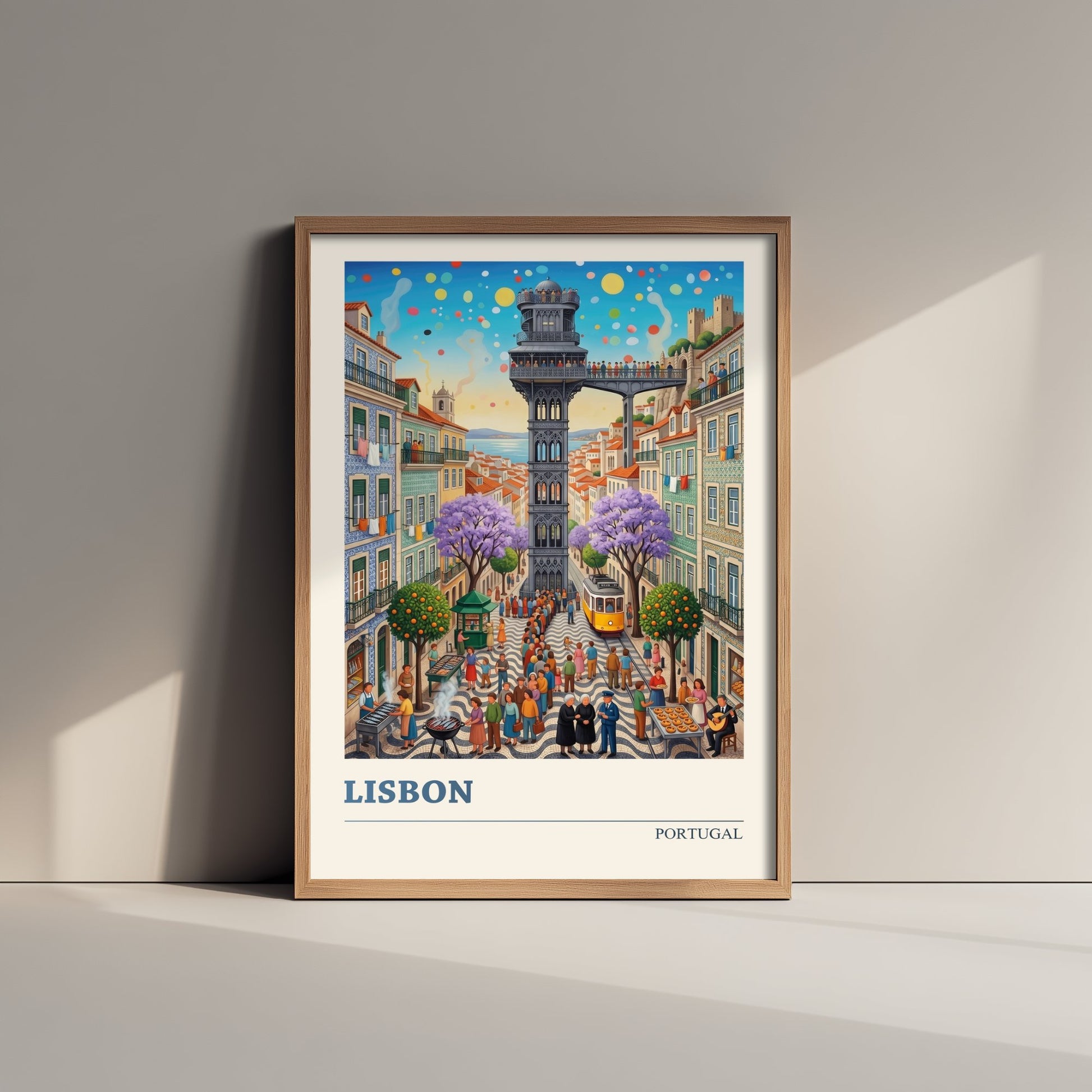 Lisbon Portugal Travel Poster - Santa Justa Lift Folk Art Illustration - Alfama Tram Art Print - Jacaranda City Scene 1/3