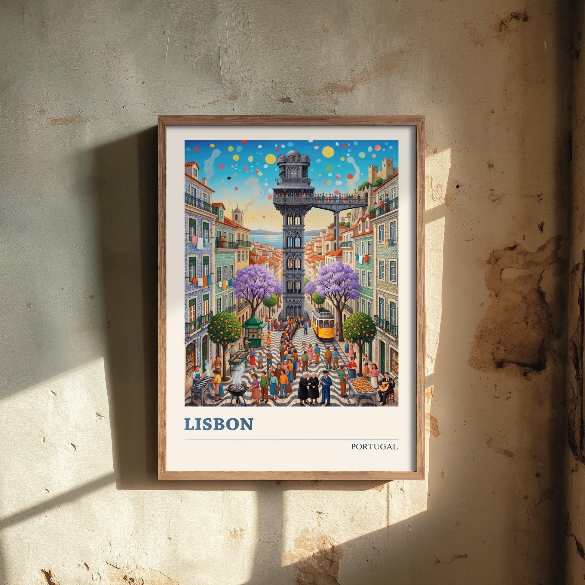 Lisbon Portugal Travel Poster - Santa Justa Lift Folk Art Illustration - Alfama Tram Art Print - Jacaranda City Scene 1/3