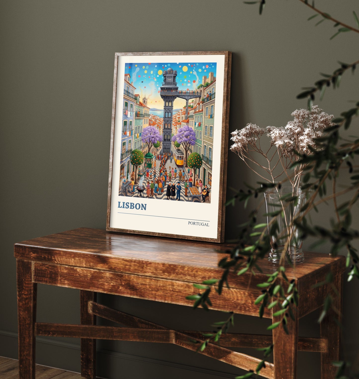 Lisbon Portugal Travel Poster - Santa Justa Lift Folk Art Illustration - Alfama Tram Art Print - Jacaranda City Scene 1/3