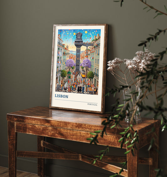 Lisbon Portugal Travel Poster - Santa Justa Lift Folk Art Illustration - Alfama Tram Art Print - Jacaranda City Scene 1/3