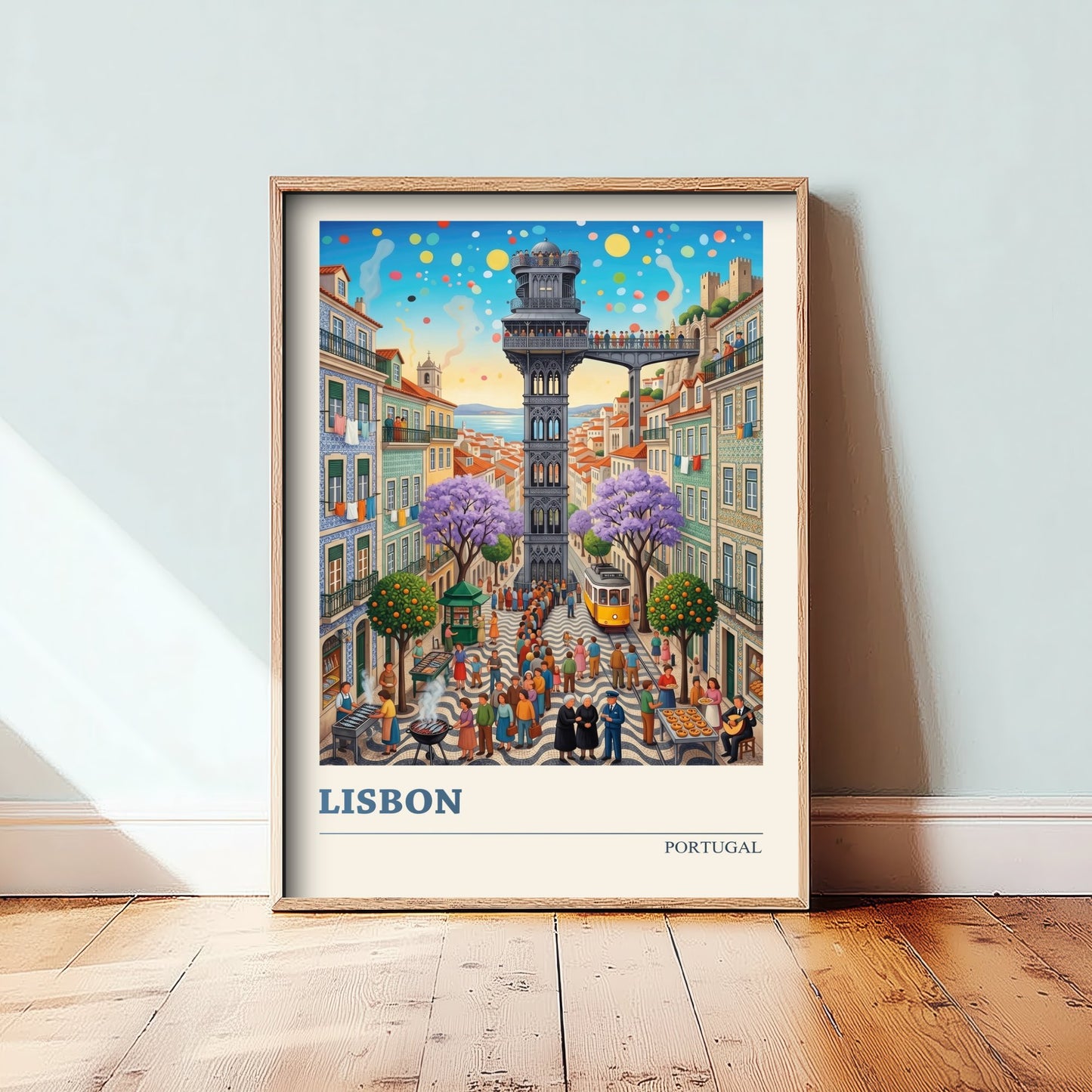 Lisbon Portugal Travel Poster - Santa Justa Lift Folk Art Illustration - Alfama Tram Art Print - Jacaranda City Scene 1/3