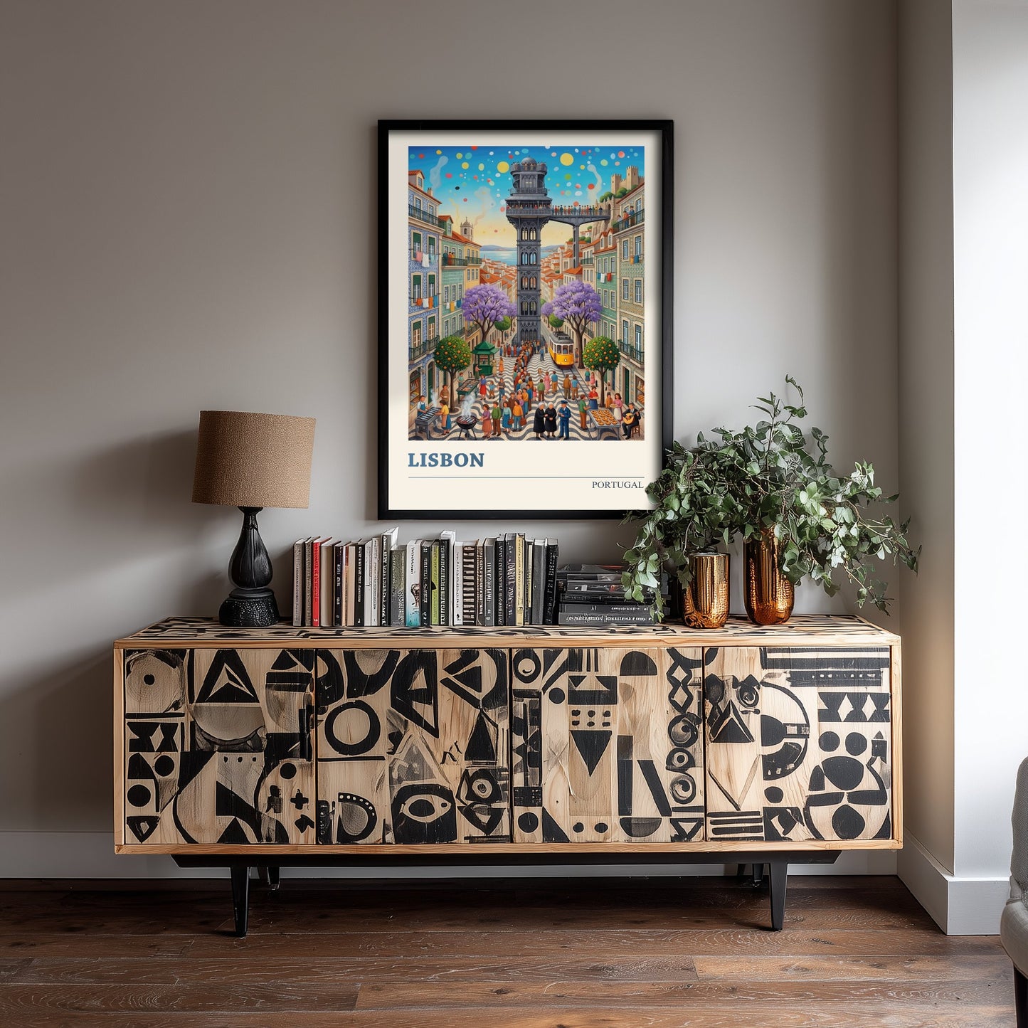 Lisbon Portugal Travel Poster - Santa Justa Lift Folk Art Illustration - Alfama Tram Art Print - Jacaranda City Scene 1/3