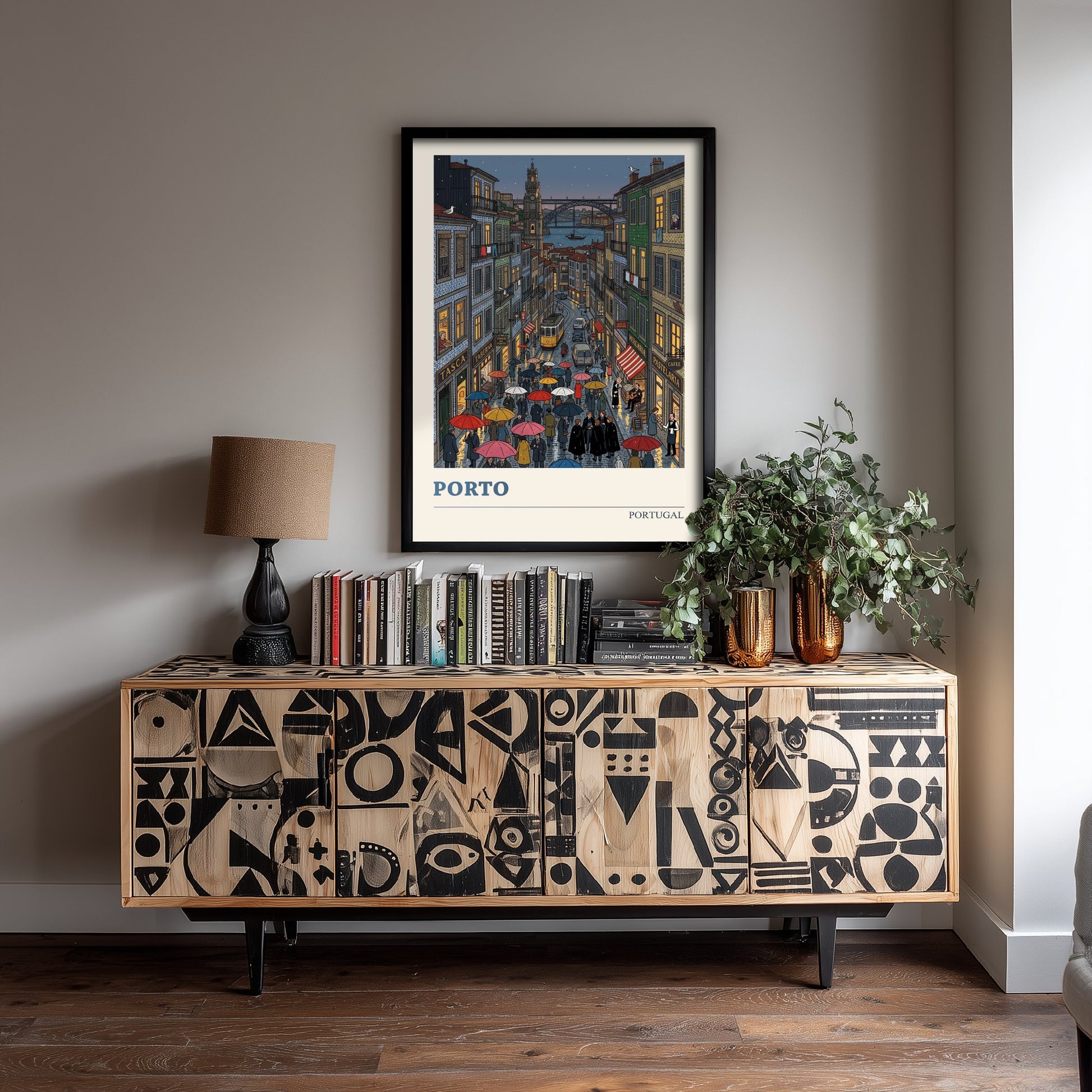 Porto Portugal Travel Poster - Rainy Ribeira Folk Art Illustration - Clerigos Tower and Tram Print - Douro Bridge Night Art 2/3