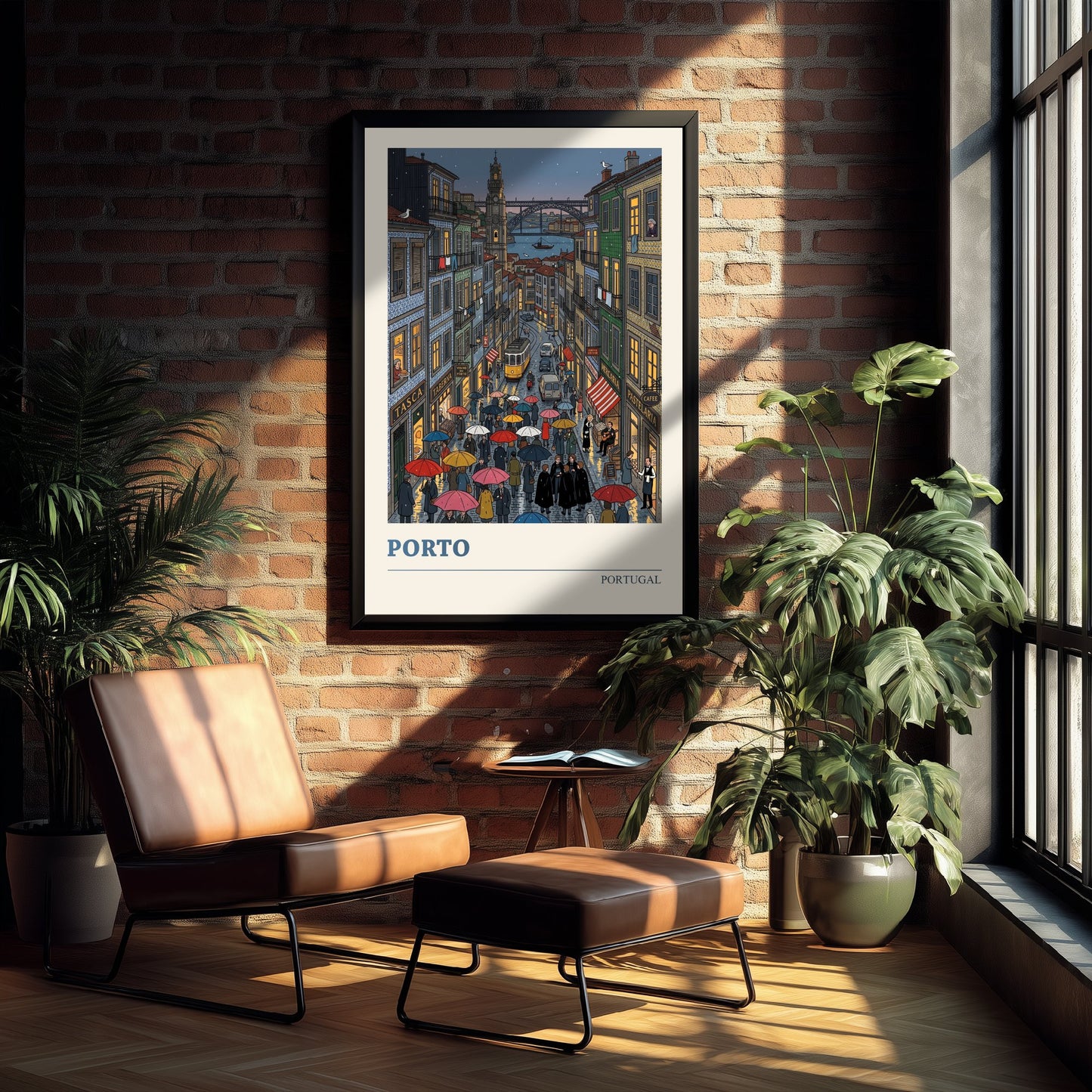 Porto Portugal Travel Poster - Rainy Ribeira Folk Art Illustration - Clerigos Tower and Tram Print - Douro Bridge Night Art 2/3
