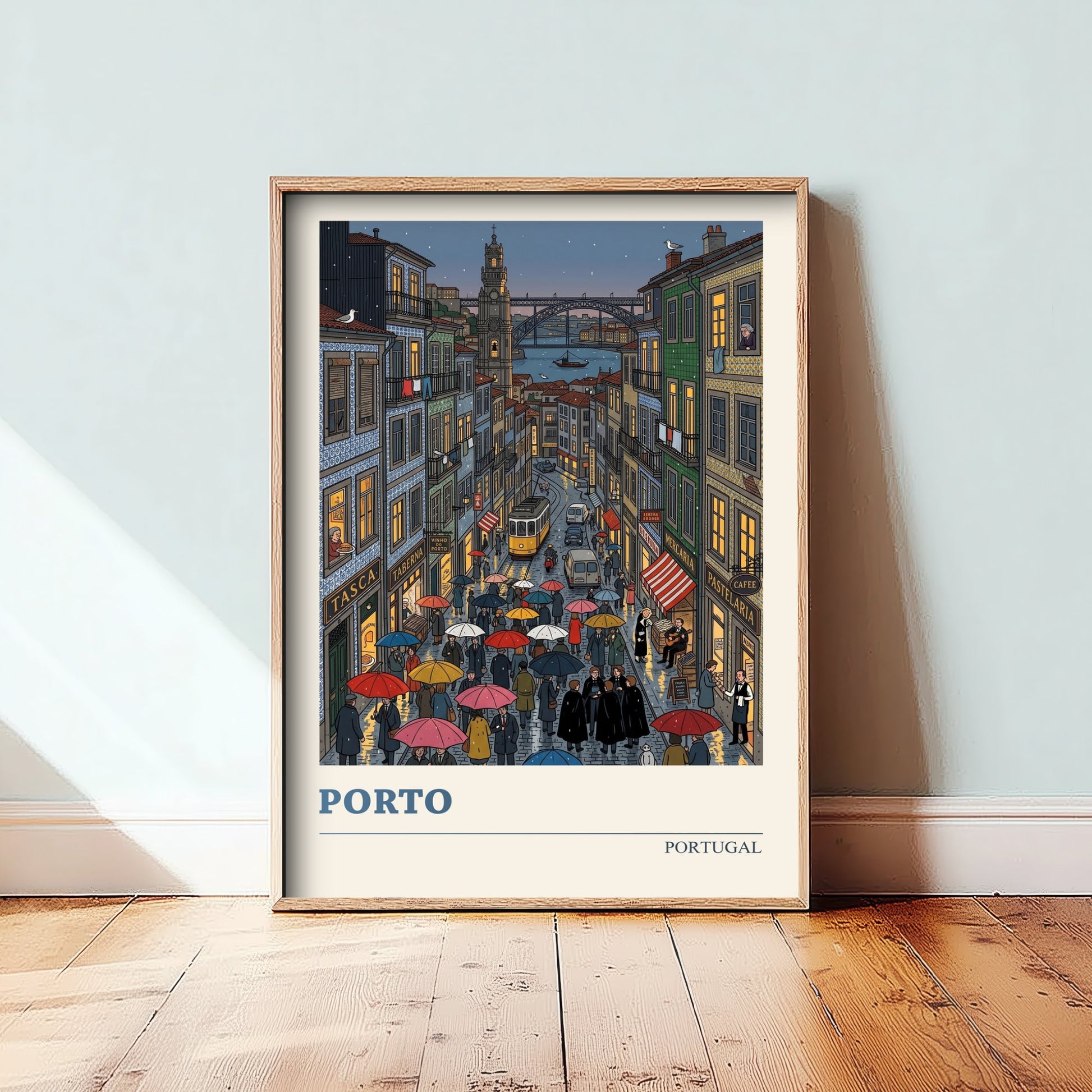 Porto Portugal Travel Poster - Rainy Ribeira Folk Art Illustration - Clerigos Tower and Tram Print - Douro Bridge Night Art 2/3