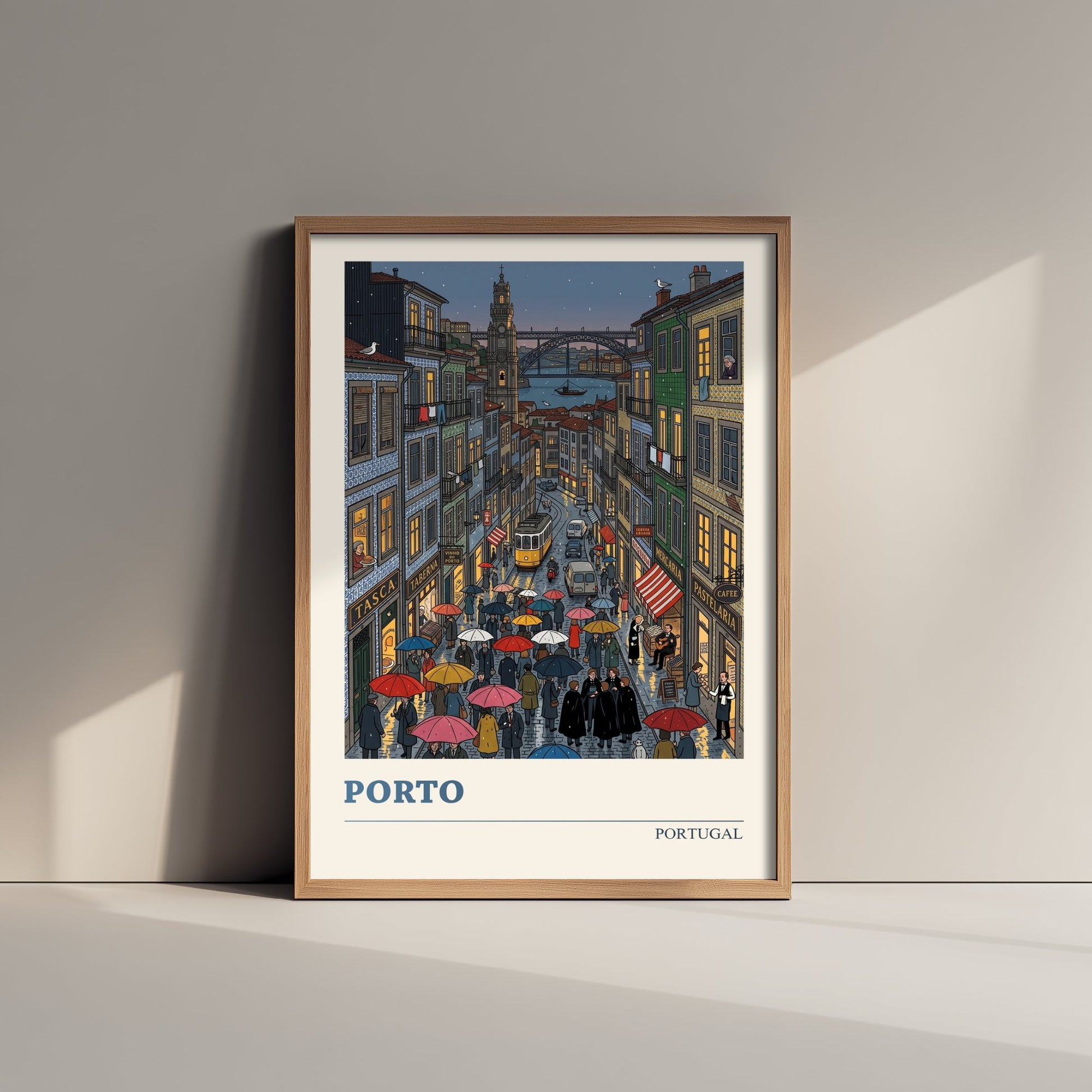 Porto Portugal Travel Poster - Rainy Ribeira Folk Art Illustration - Clerigos Tower and Tram Print - Douro Bridge Night Art 2/3