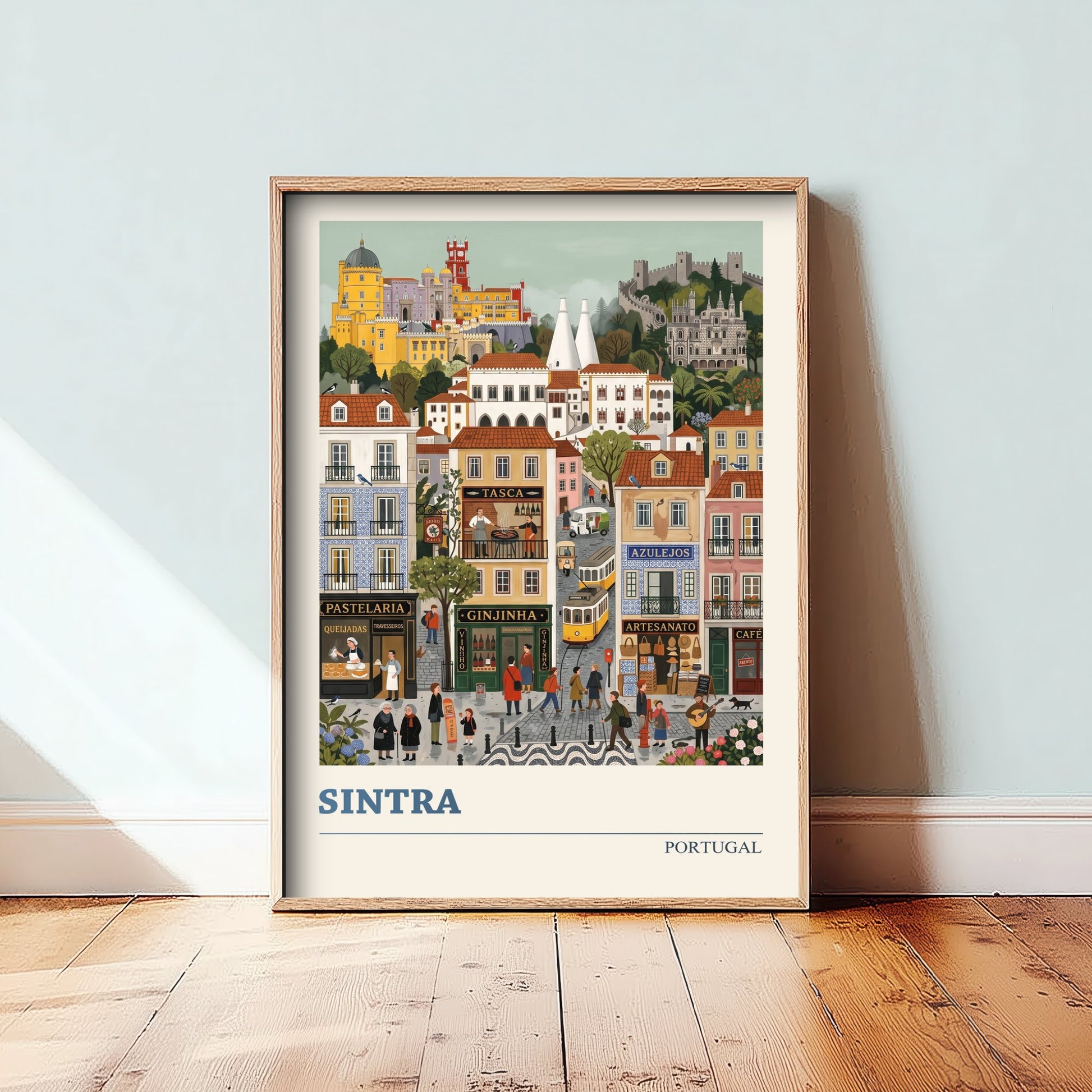 Sintra Portugal Travel Poster - Pena Palace Folk Art Illustration - Old Town Tram and Ginjinha Art Print - Fairytale Hill Town 3/3