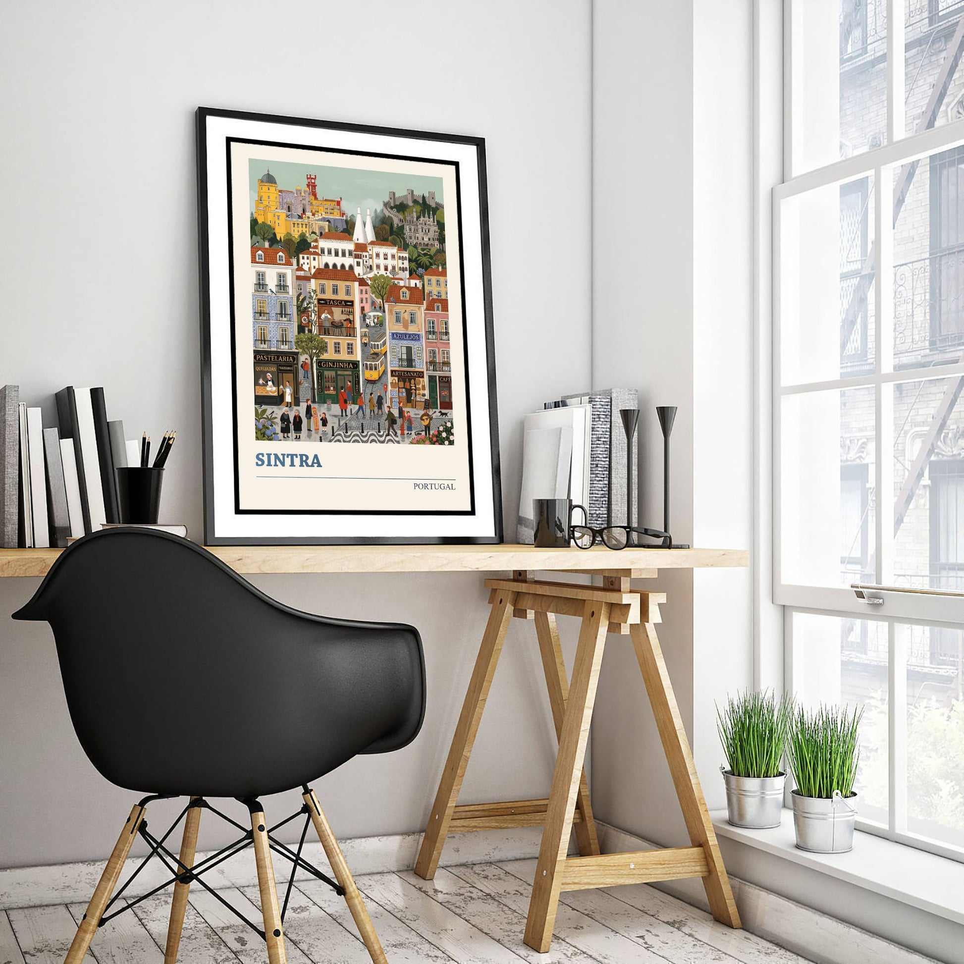 Sintra Portugal Travel Poster - Pena Palace Folk Art Illustration - Old Town Tram and Ginjinha Art Print - Fairytale Hill Town 3/3