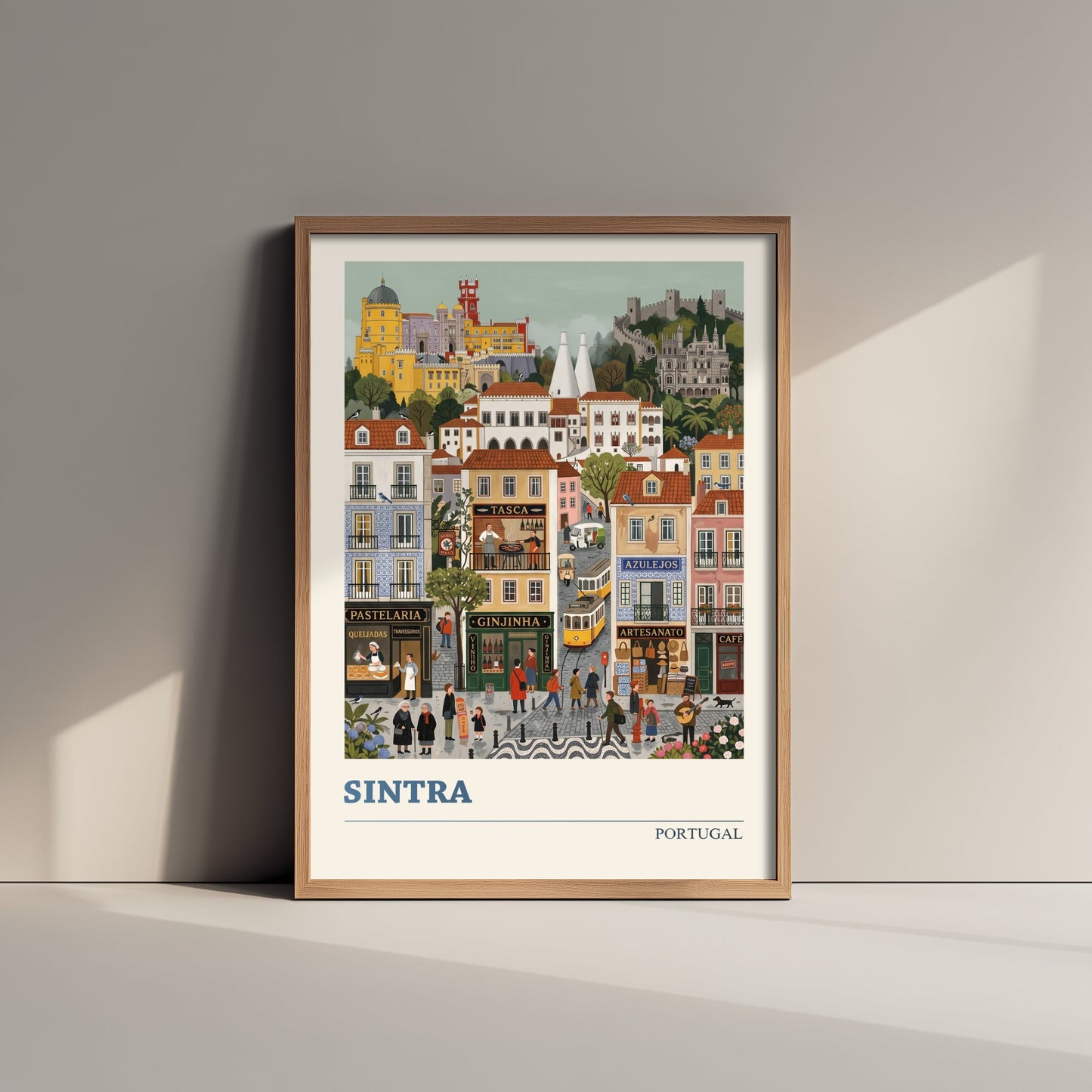 Sintra Portugal Travel Poster - Pena Palace Folk Art Illustration - Old Town Tram and Ginjinha Art Print - Fairytale Hill Town 3/3