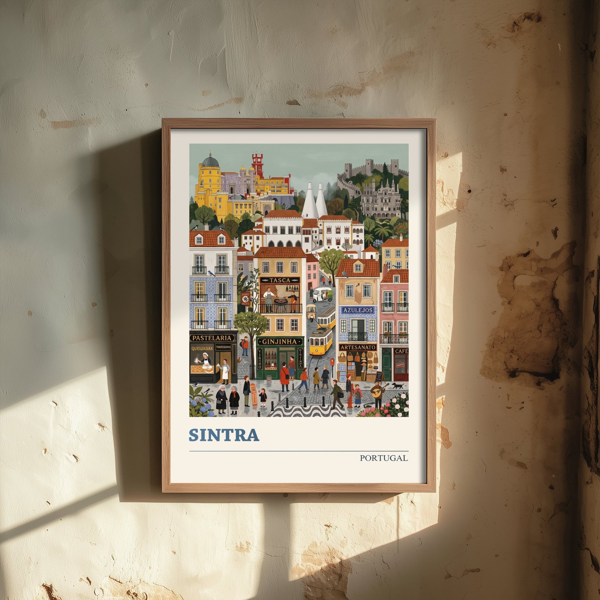 Sintra Portugal Travel Poster - Pena Palace Folk Art Illustration - Old Town Tram and Ginjinha Art Print - Fairytale Hill Town 3/3