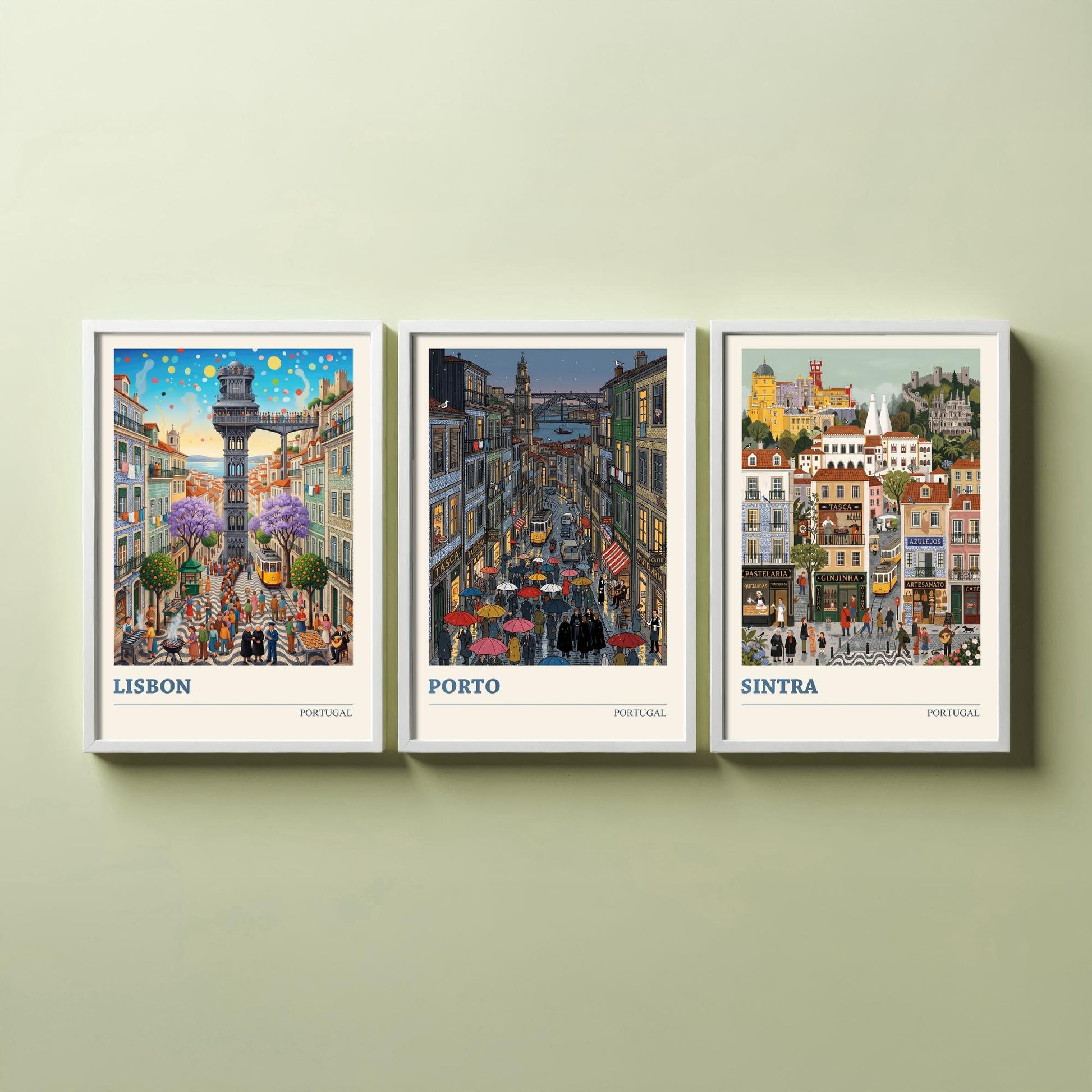Portugal Set of Three Art Prints - Lisbon, Porto, Sintra - 3 Colourful Folk Illustration Travel Posters - Portuguese Painting