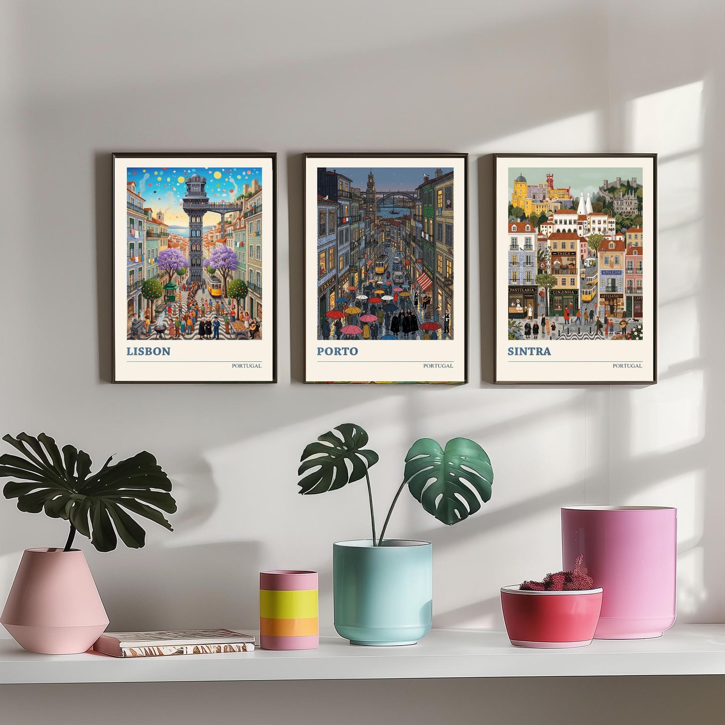Portugal Set of Three Art Prints - Lisbon, Porto, Sintra - 3 Colourful Folk Illustration Travel Posters - Portuguese Painting