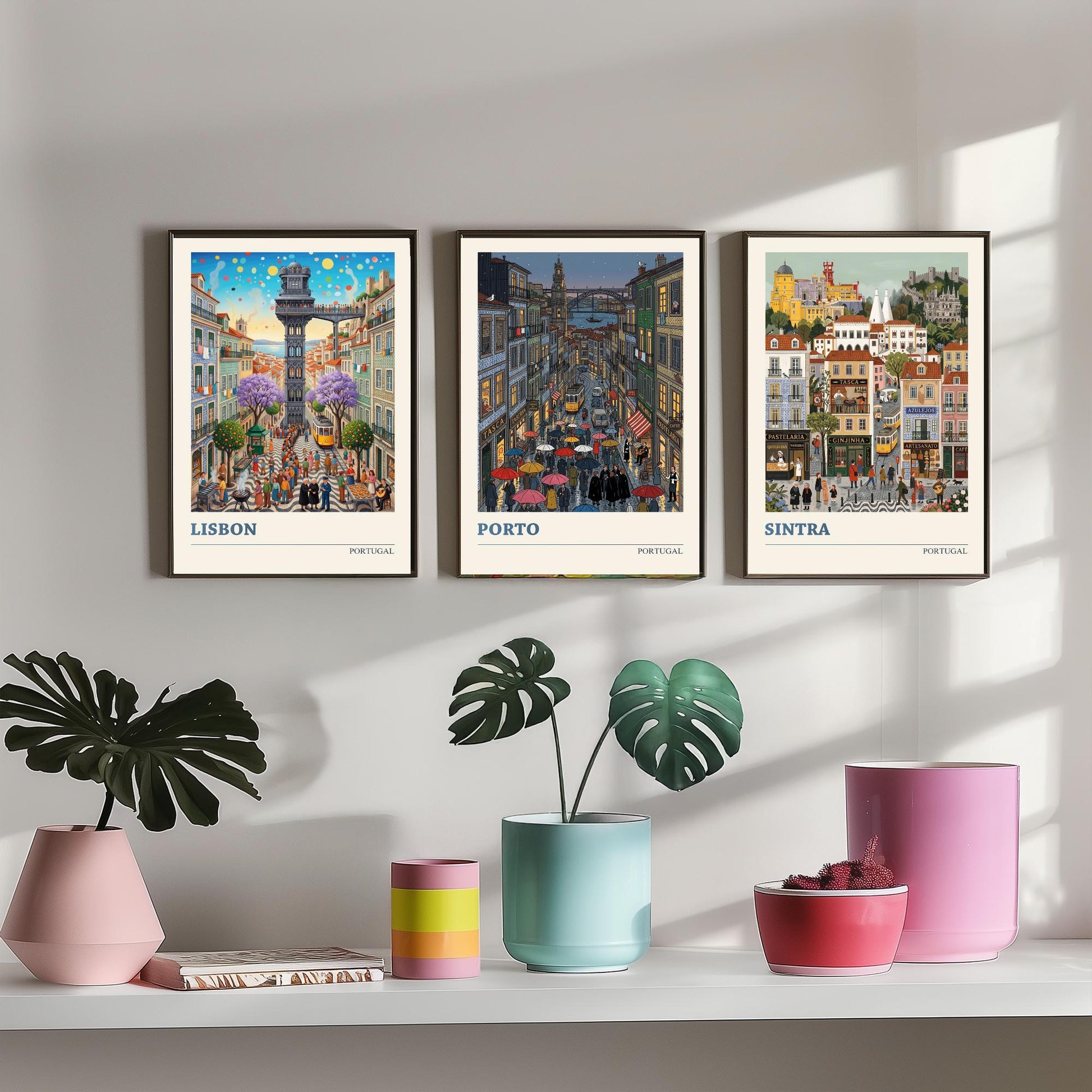 Portugal Set of Three Art Prints - Lisbon, Porto, Sintra - 3 Colourful Folk Illustration Travel Posters - Portuguese Painting