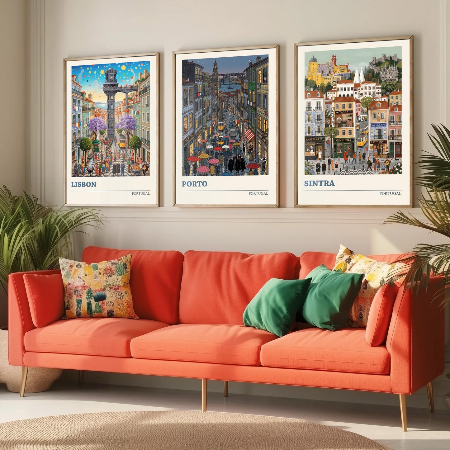 Portugal Set of Three Art Prints - Lisbon, Porto, Sintra - 3 Colourful Folk Illustration Travel Posters - Portuguese Painting