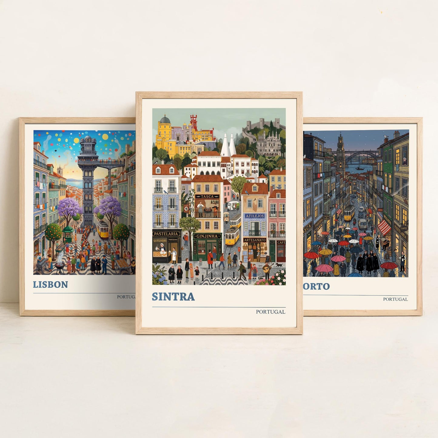 Portugal Set of Three Art Prints - Lisbon, Porto, Sintra - 3 Colourful Folk Illustration Travel Posters - Portuguese Painting