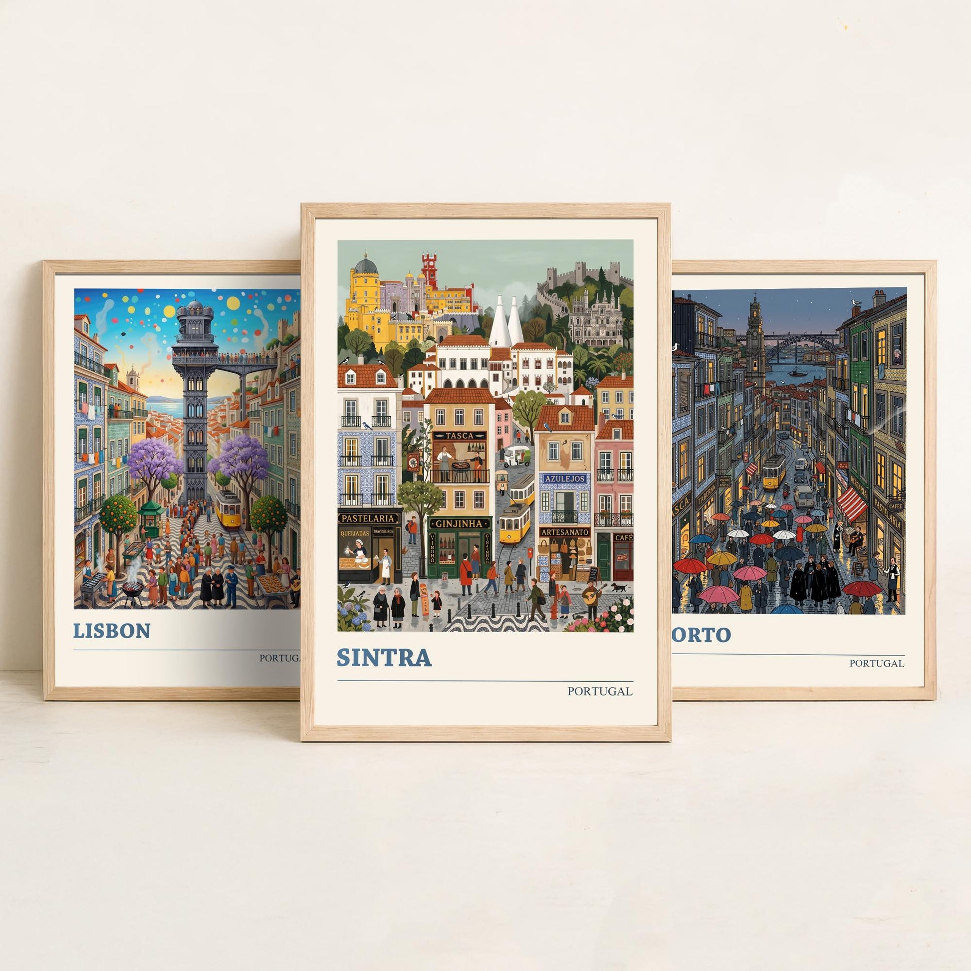 Portugal Set of Three Art Prints - Lisbon, Porto, Sintra - 3 Colourful Folk Illustration Travel Posters - Portuguese Painting