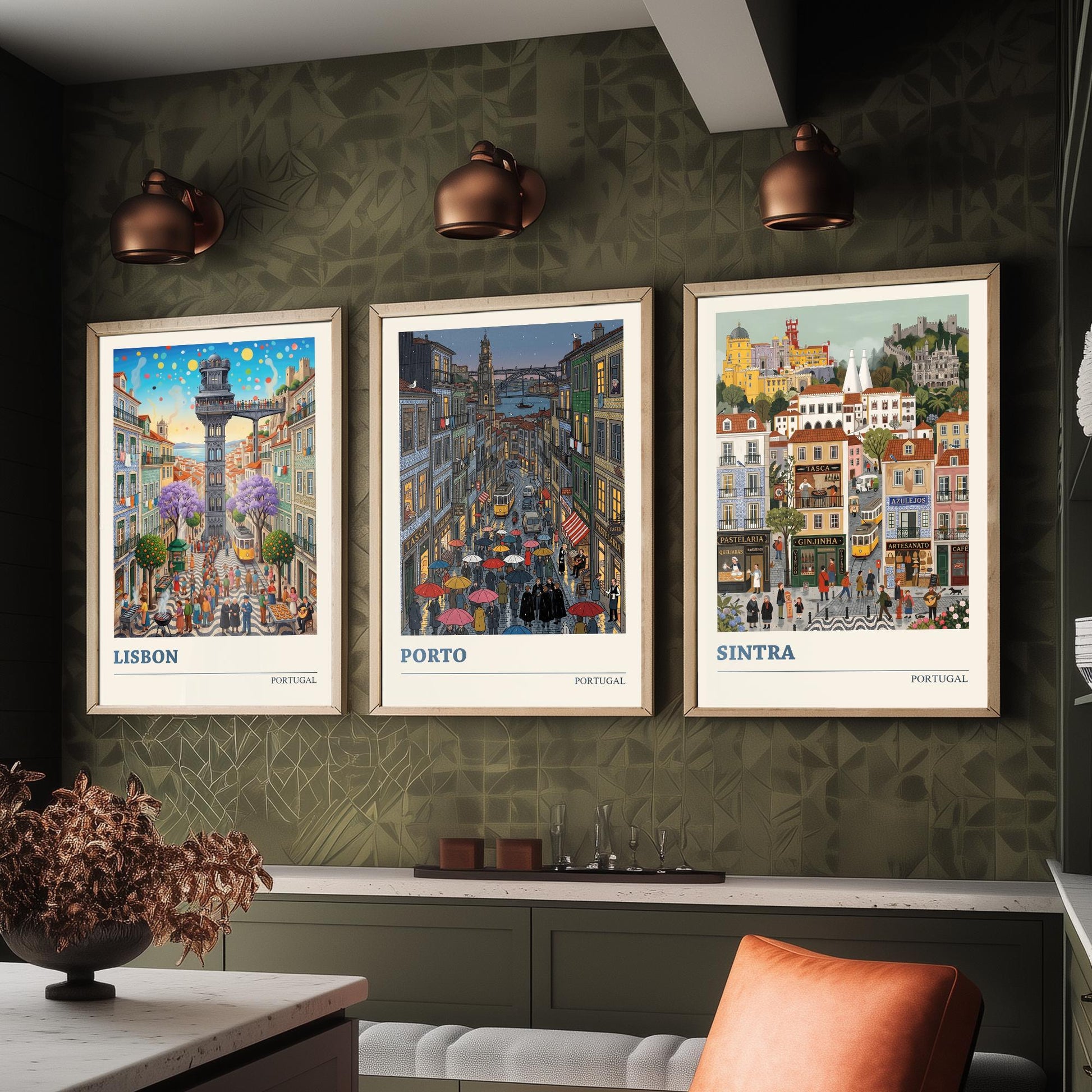Portugal Set of Three Art Prints - Lisbon, Porto, Sintra - 3 Colourful Folk Illustration Travel Posters - Portuguese Painting