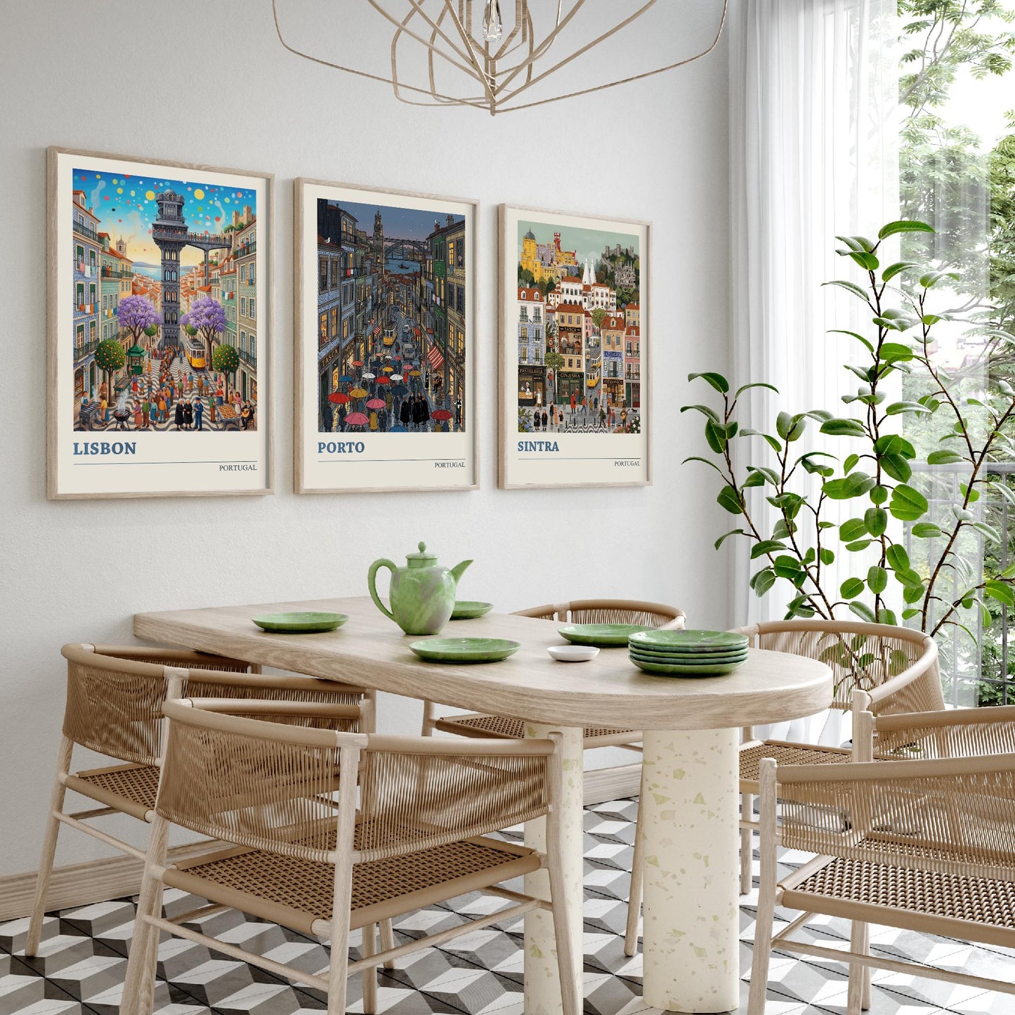 Portugal Set of Three Art Prints - Lisbon, Porto, Sintra - 3 Colourful Folk Illustration Travel Posters - Portuguese Painting
