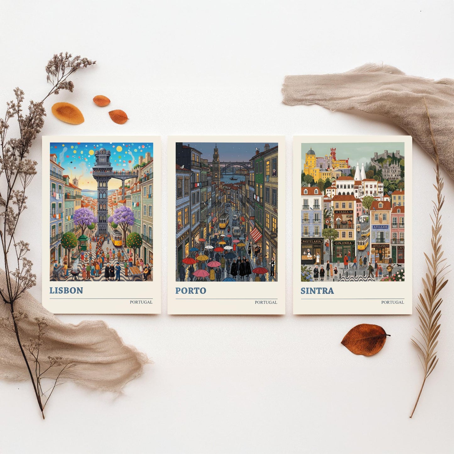 Portugal Set of Three Art Prints - Lisbon, Porto, Sintra - 3 Colourful Folk Illustration Travel Posters - Portuguese Painting