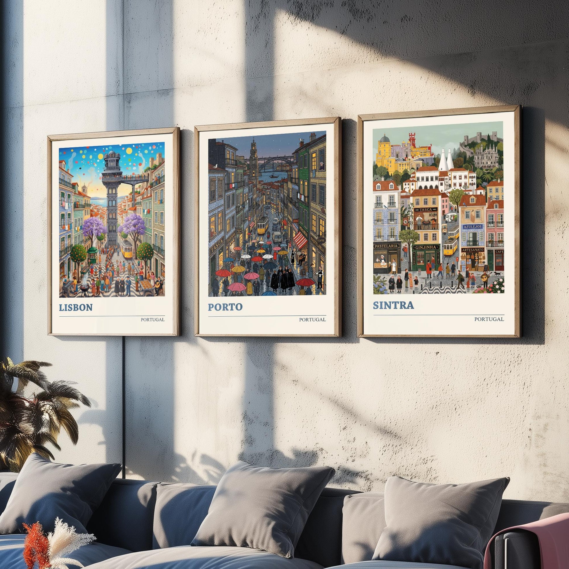 Portugal Set of Three Art Prints - Lisbon, Porto, Sintra - 3 Colourful Folk Illustration Travel Posters - Portuguese Painting