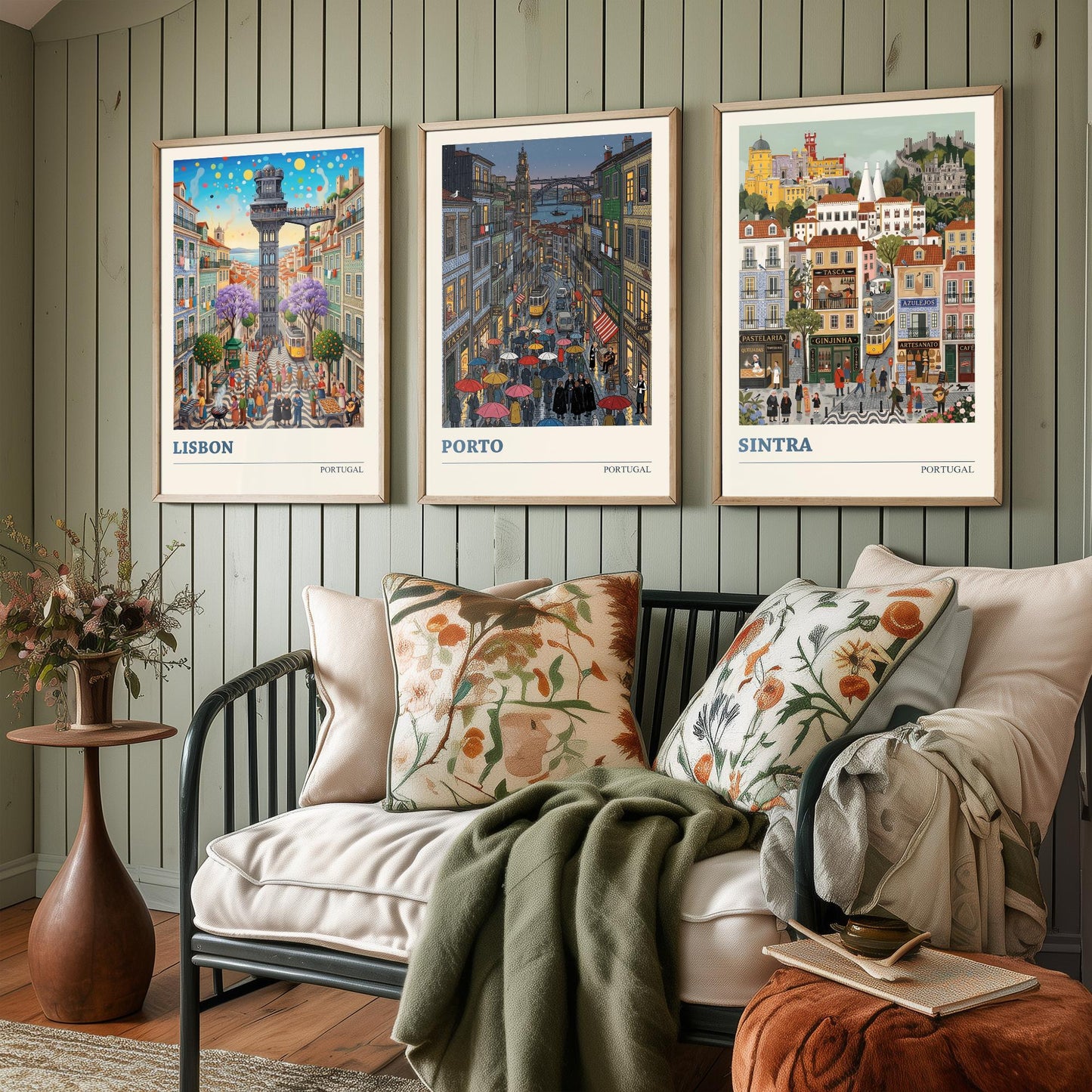 Portugal Set of Three Art Prints - Lisbon, Porto, Sintra - 3 Colourful Folk Illustration Travel Posters - Portuguese Painting