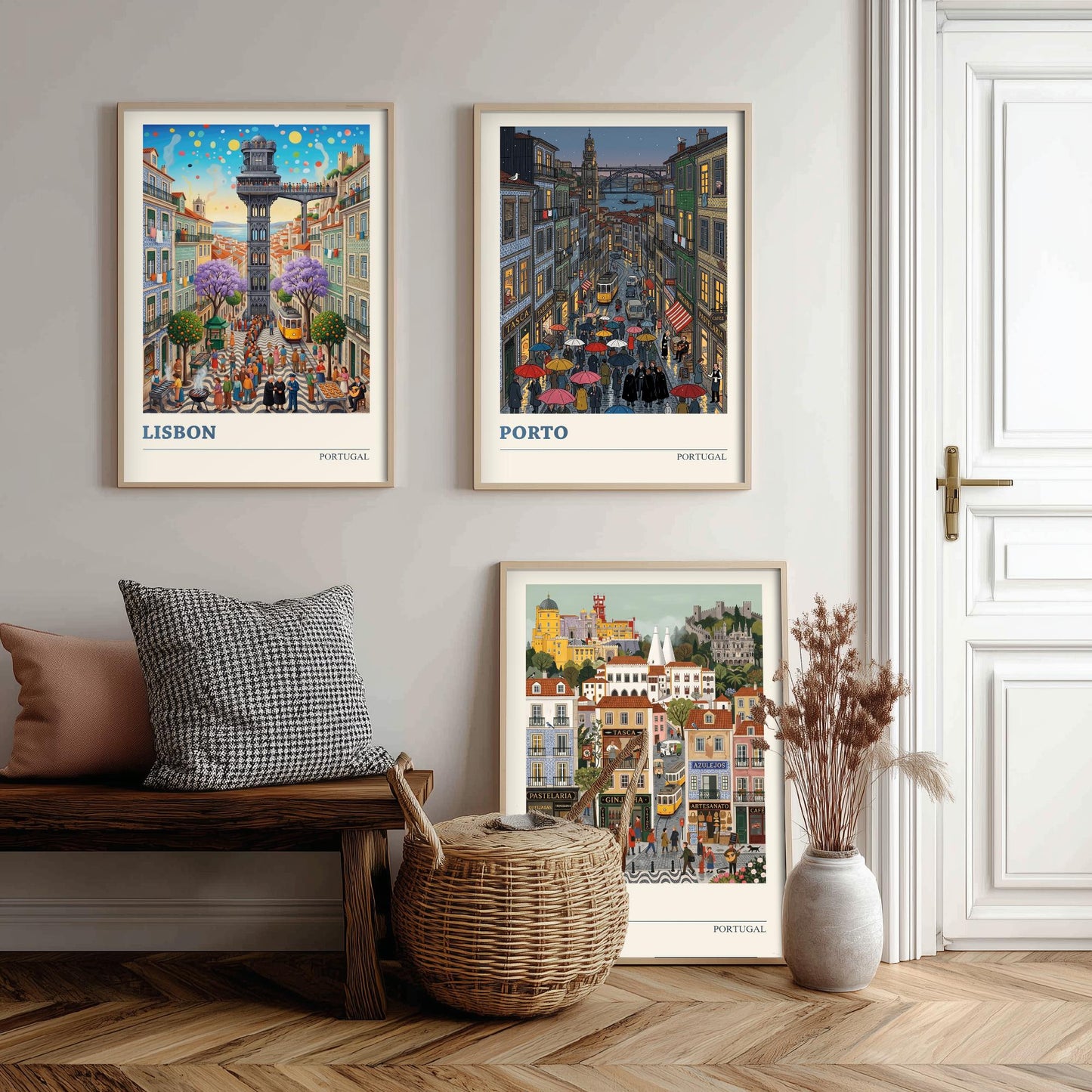 Portugal Set of Three Art Prints - Lisbon, Porto, Sintra - 3 Colourful Folk Illustration Travel Posters - Portuguese Painting