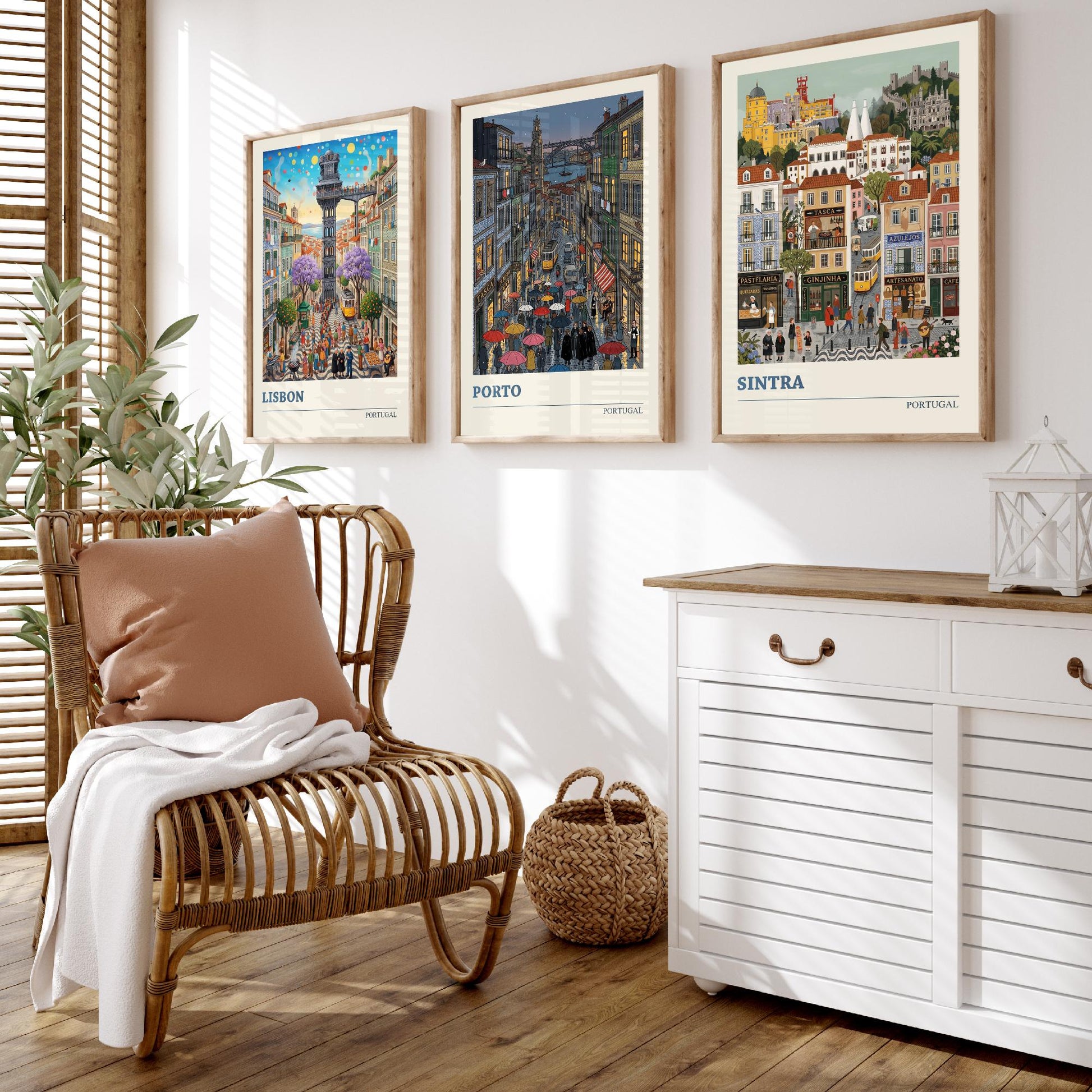 Portugal Set of Three Art Prints - Lisbon, Porto, Sintra - 3 Colourful Folk Illustration Travel Posters - Portuguese Painting