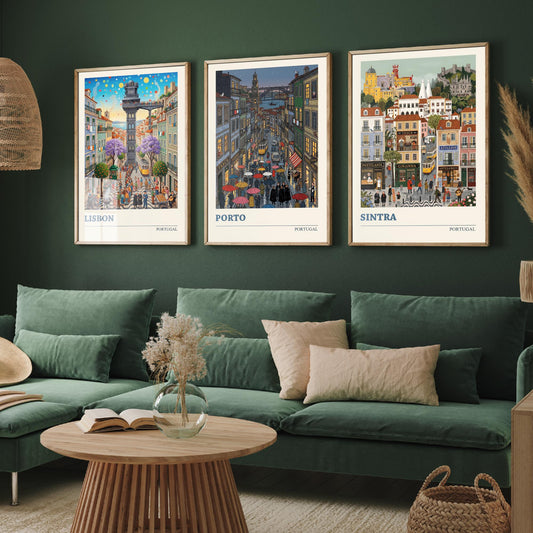 Portugal Set of Three Art Prints - Lisbon, Porto, Sintra - 3 Colourful Folk Illustration Travel Posters - Portuguese Painting