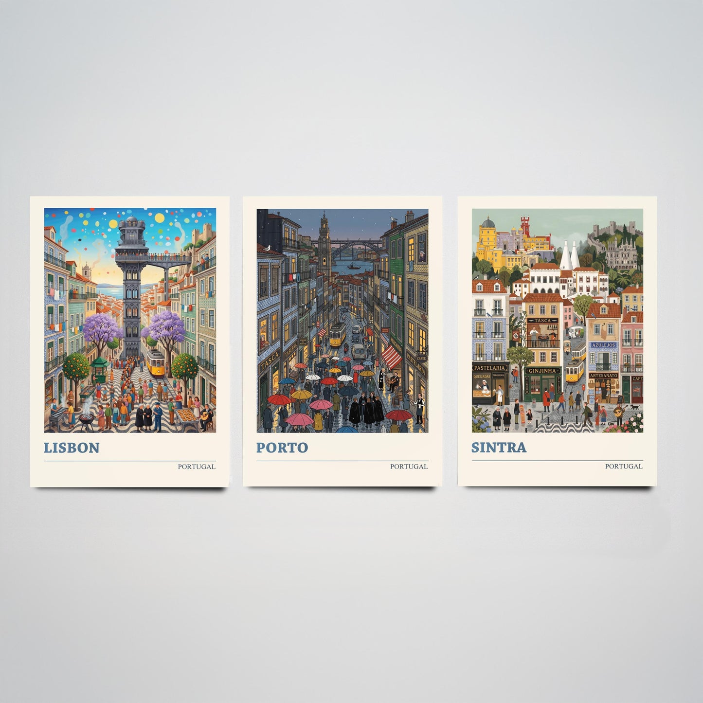 Portugal Set of Three Art Prints - Lisbon, Porto, Sintra - 3 Colourful Folk Illustration Travel Posters - Portuguese Painting