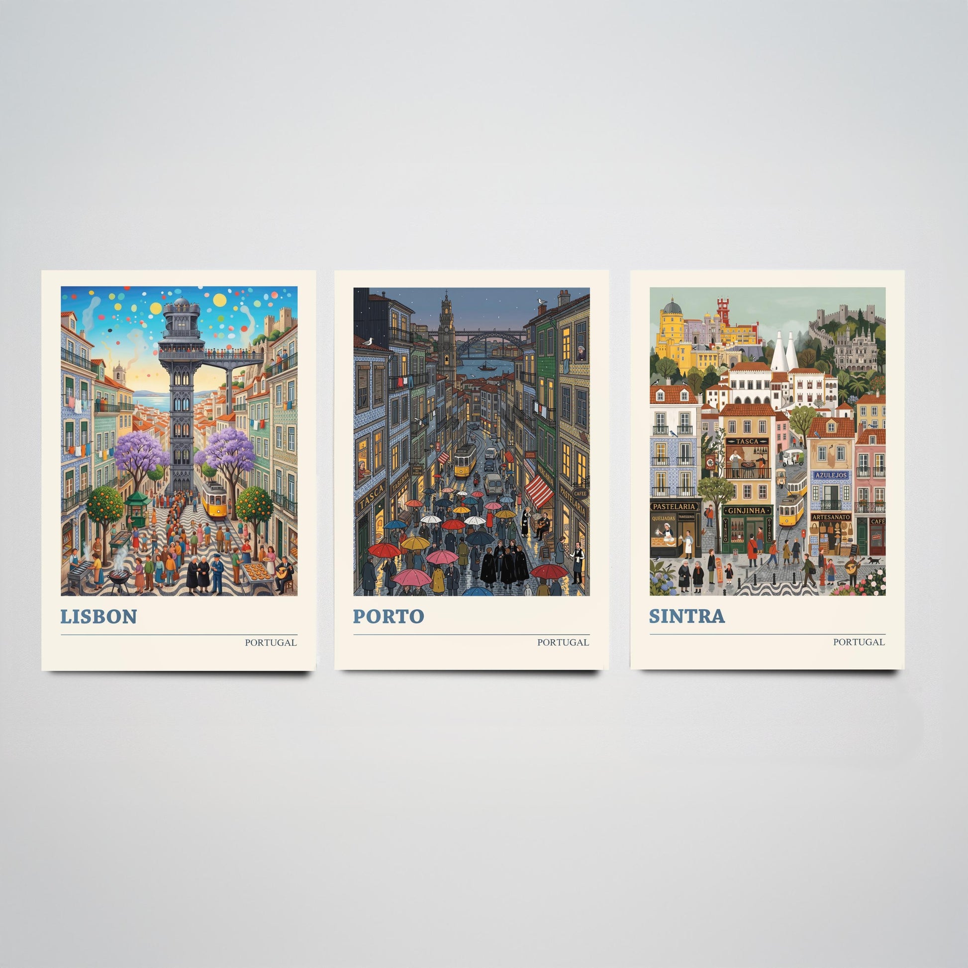 Portugal Set of Three Art Prints - Lisbon, Porto, Sintra - 3 Colourful Folk Illustration Travel Posters - Portuguese Painting