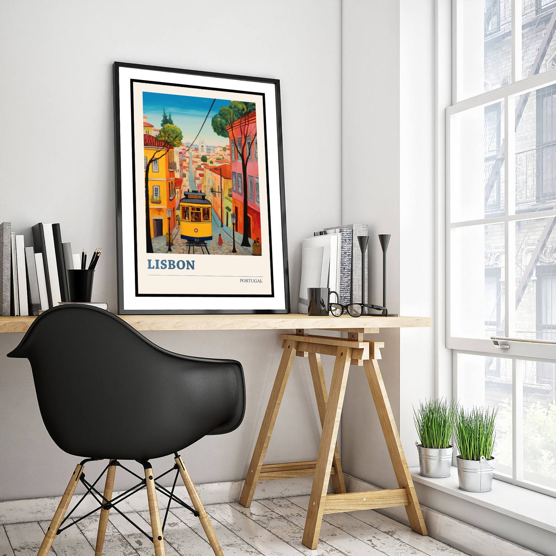 Lisbon Portugal Travel Poster - Art Print - Folk Art Illustration - Yellow Tram Wall Art 1/3