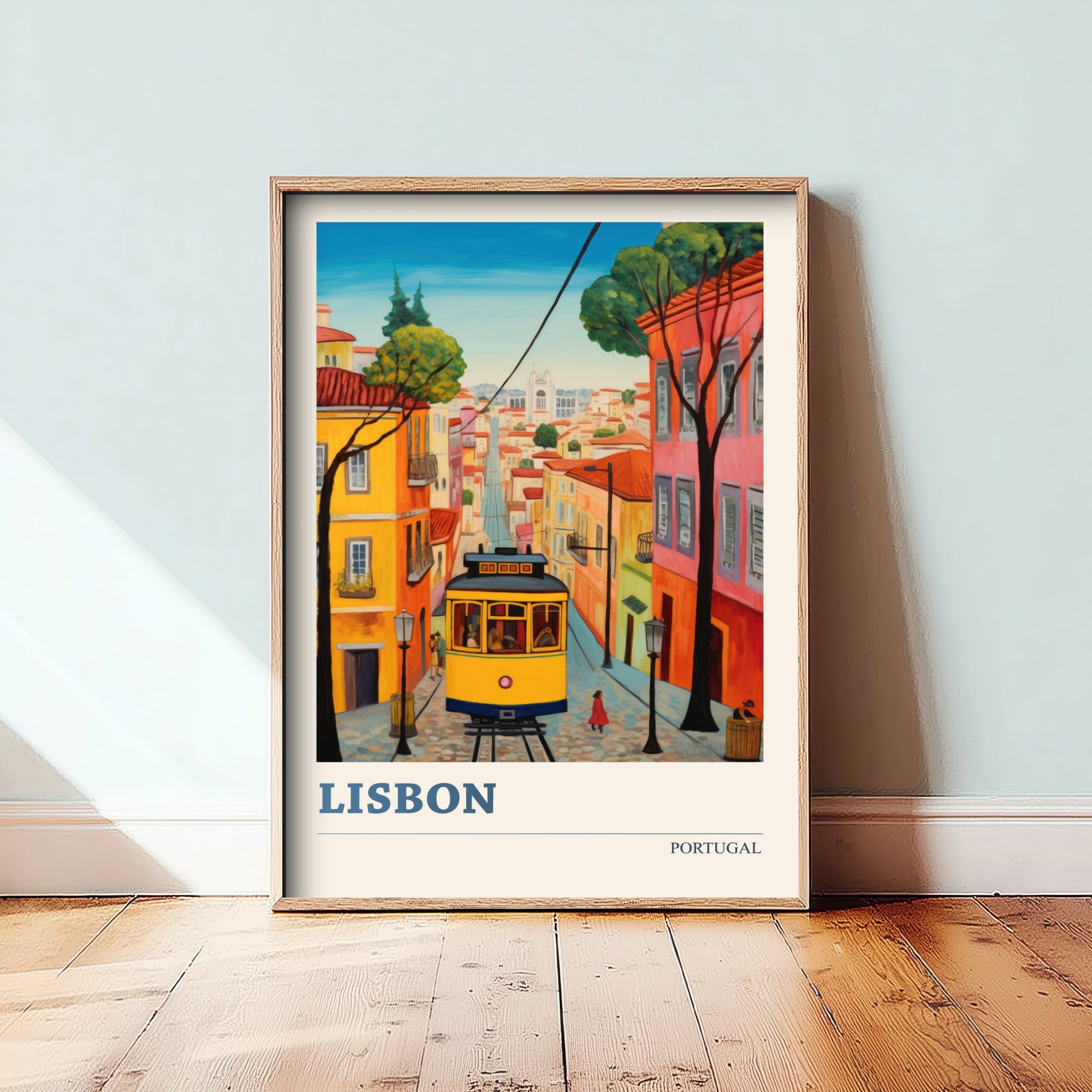 Lisbon Portugal Travel Poster - Art Print - Folk Art Illustration - Yellow Tram Wall Art 1/3