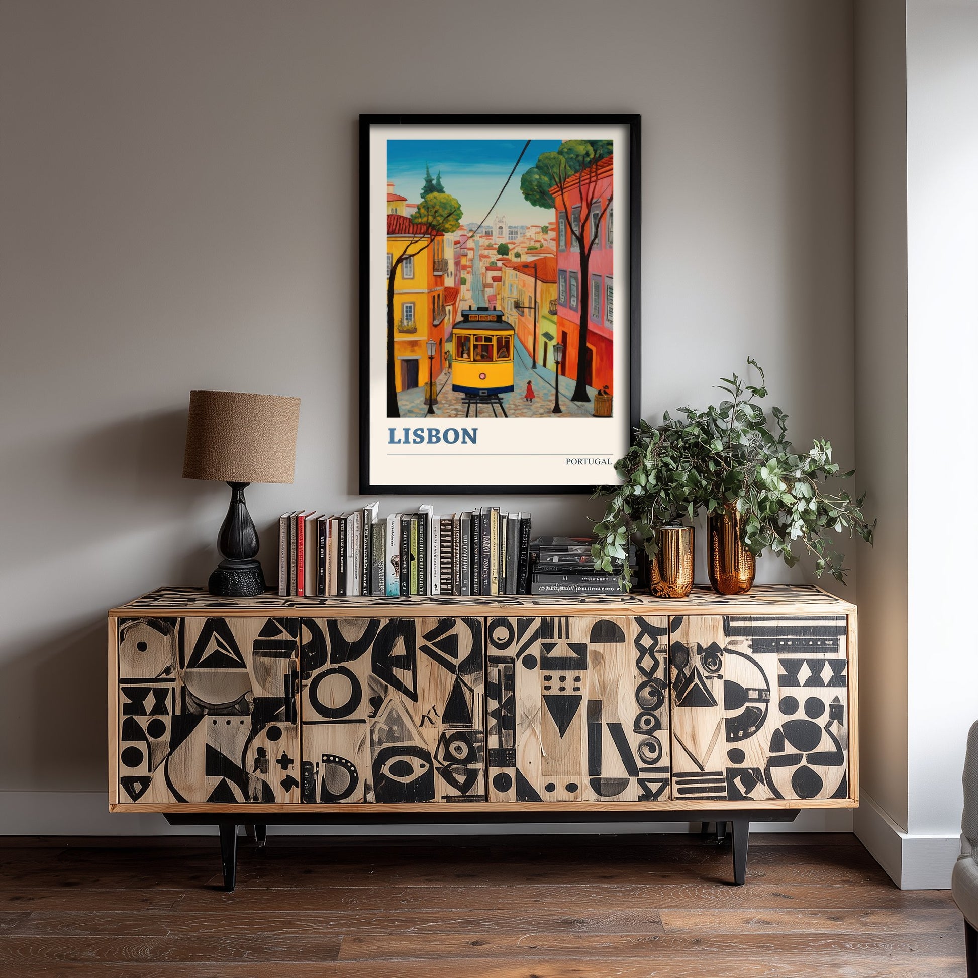 Lisbon Portugal Travel Poster - Art Print - Folk Art Illustration - Yellow Tram Wall Art 1/3