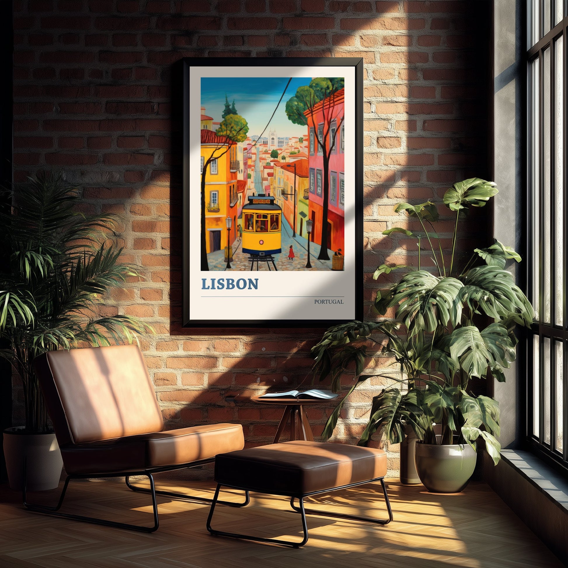 Lisbon Portugal Travel Poster - Art Print - Folk Art Illustration - Yellow Tram Wall Art 1/3