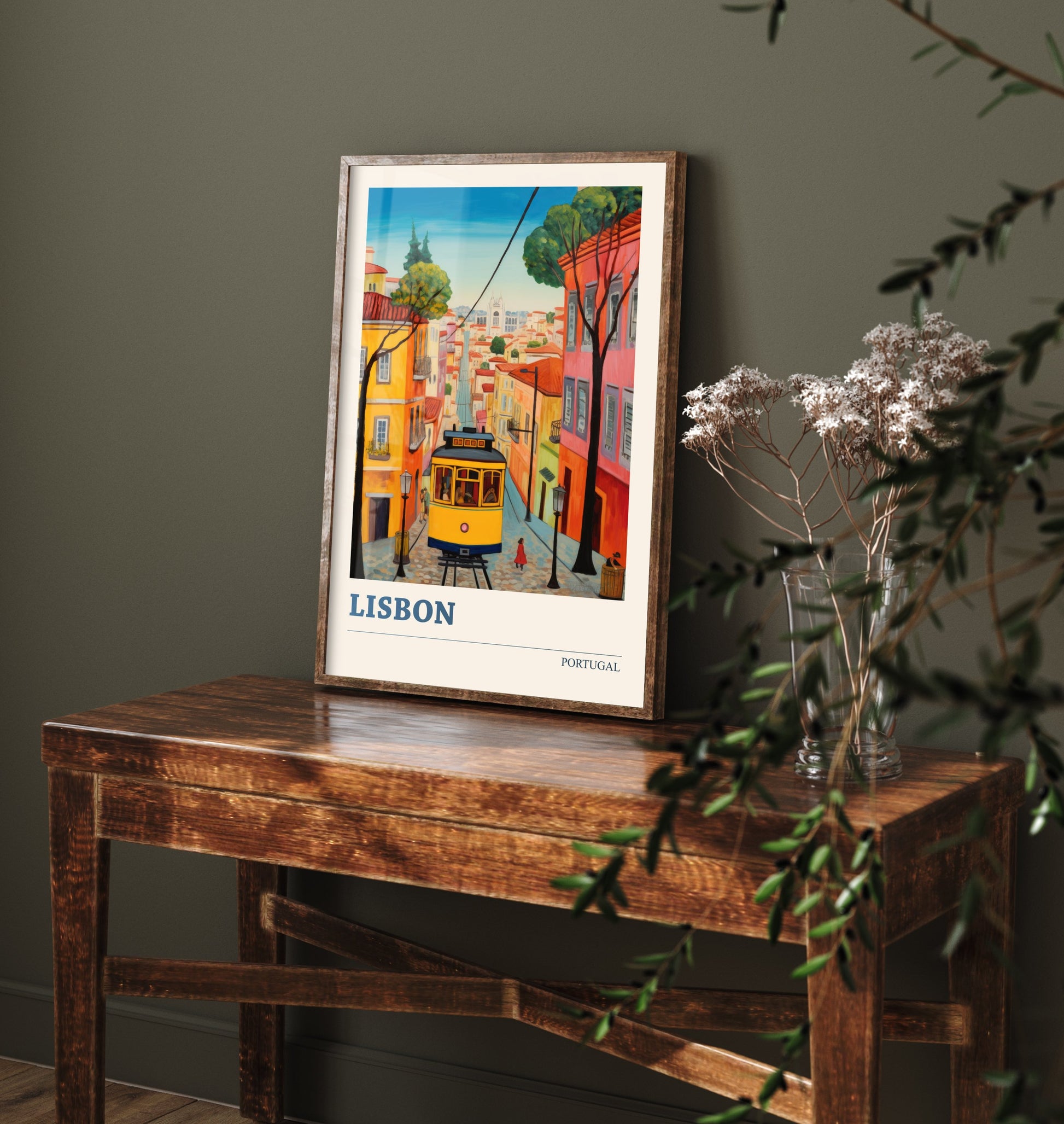 Lisbon Portugal Travel Poster - Art Print - Folk Art Illustration - Yellow Tram Wall Art 1/3