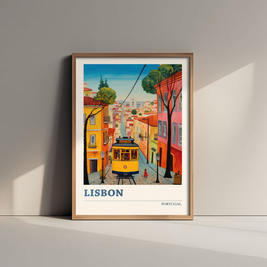 Lisbon Portugal Travel Poster - Art Print - Folk Art Illustration - Yellow Tram Wall Art 1/3
