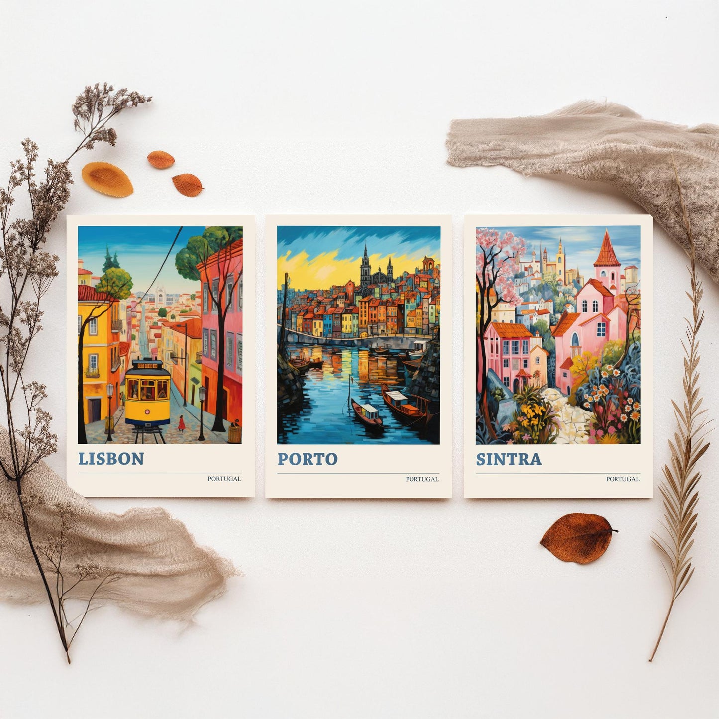 Portugal Set of Three Art Prints - 3 Lisbon Porto Sintra Posters - Vibrant Wall Art Painting Travel Gift ludwig