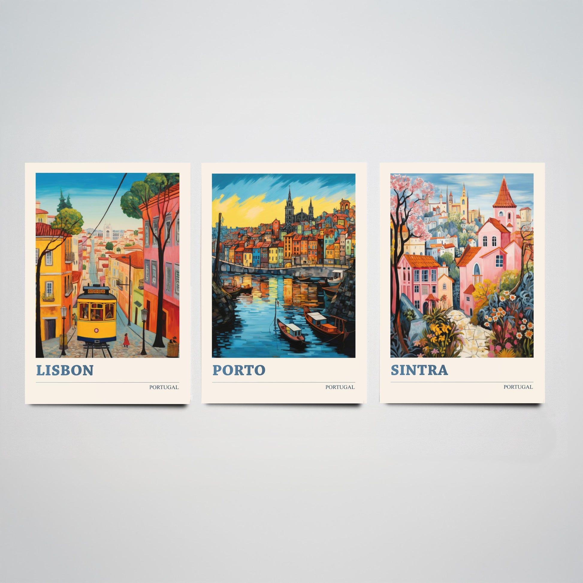 Portugal Set of Three Art Prints - 3 Lisbon Porto Sintra Posters - Vibrant Wall Art Painting Travel Gift ludwig