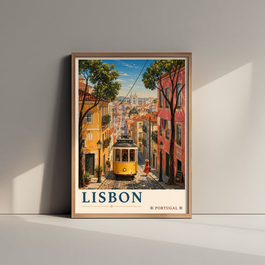 Lisbon Portugal Travel Poster - Art Print - Vintage Illustration - Tram Street Wall Art V2 1/3