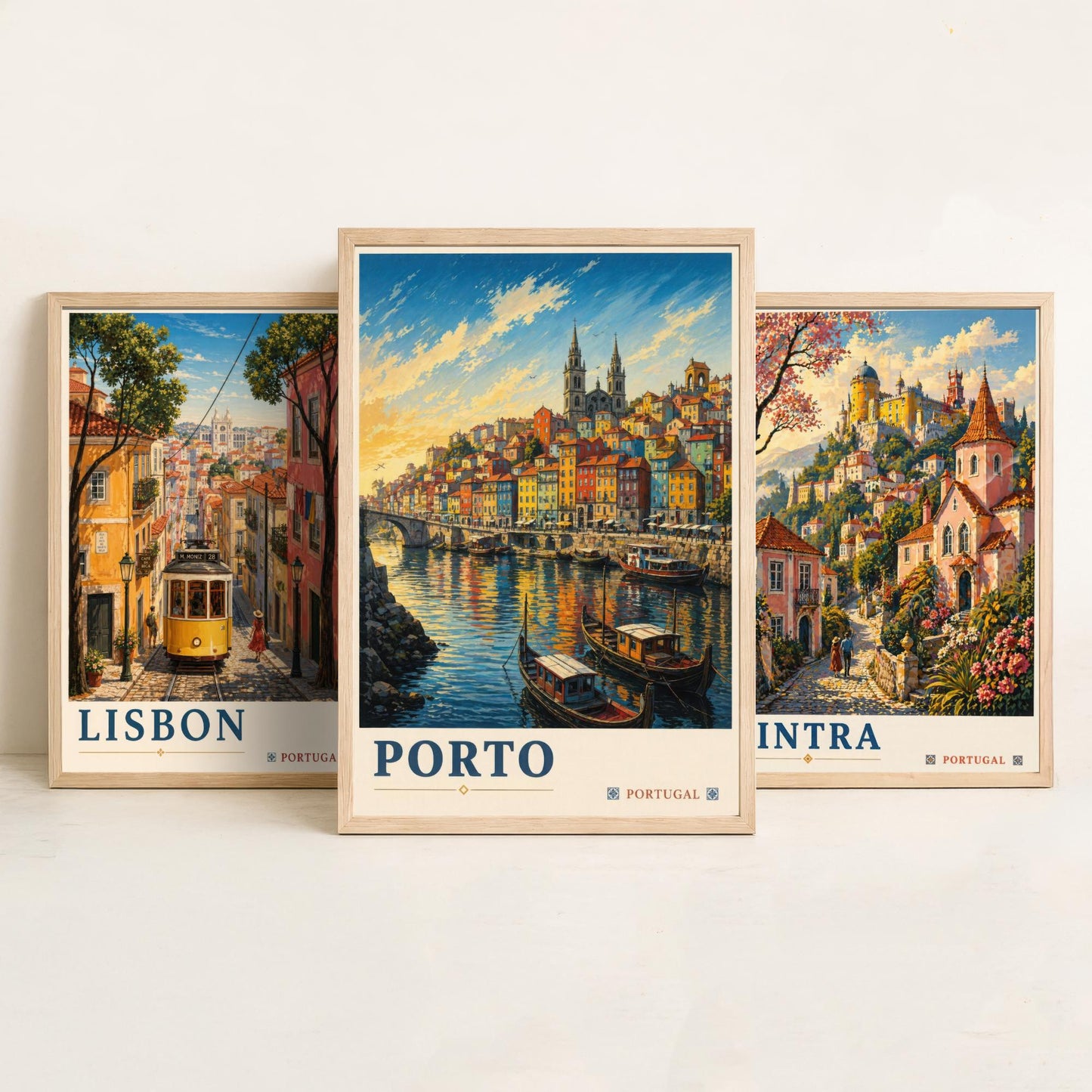 Portugal Set of Three Art Prints - 3 Lisbon Sintra Porto Posters - Golden Vintage Wall Art Painting Travel ludwig V2