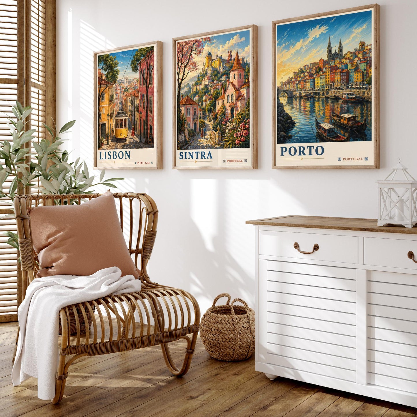 Portugal Set of Three Art Prints - 3 Lisbon Sintra Porto Posters - Golden Vintage Wall Art Painting Travel ludwig V2