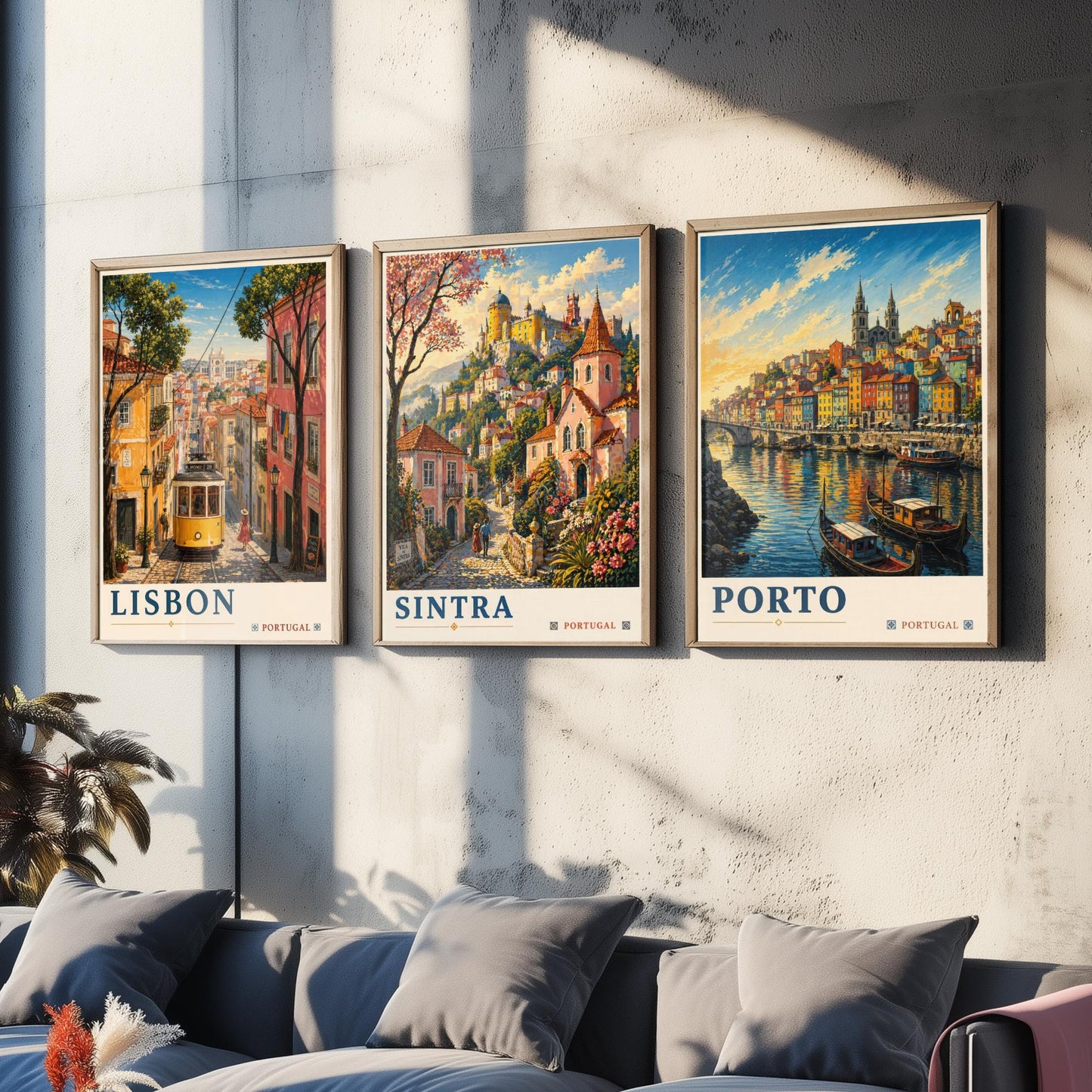 Portugal Set of Three Art Prints - 3 Lisbon Sintra Porto Posters - Golden Vintage Wall Art Painting Travel ludwig V2