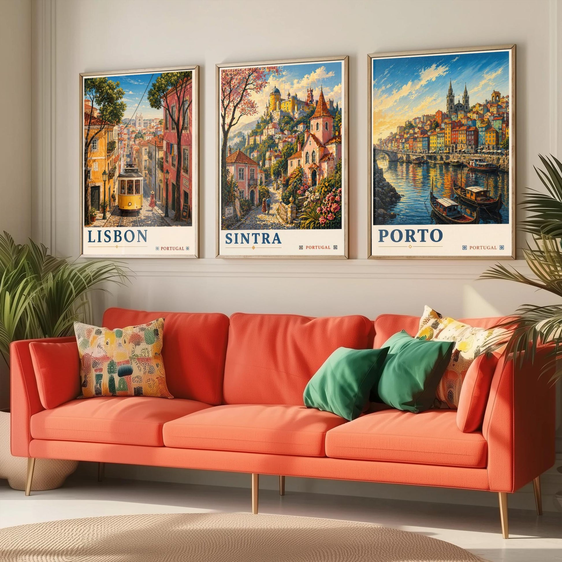 Portugal Set of Three Art Prints - 3 Lisbon Sintra Porto Posters - Golden Vintage Wall Art Painting Travel ludwig V2