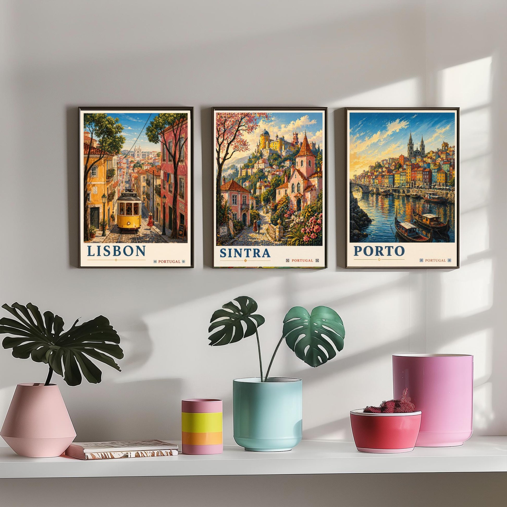 Portugal Set of Three Art Prints - 3 Lisbon Sintra Porto Posters - Golden Vintage Wall Art Painting Travel ludwig V2