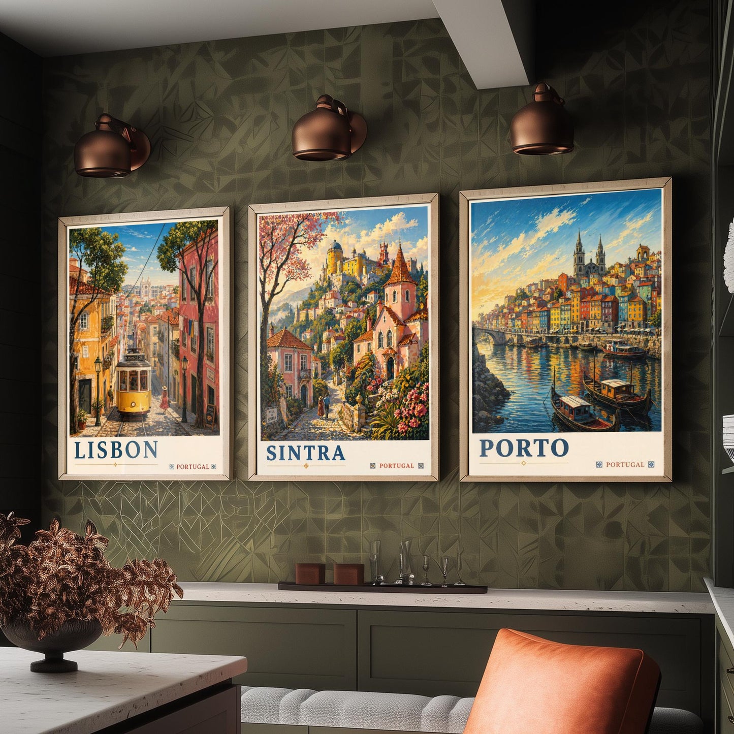 Portugal Set of Three Art Prints - 3 Lisbon Sintra Porto Posters - Golden Vintage Wall Art Painting Travel ludwig V2