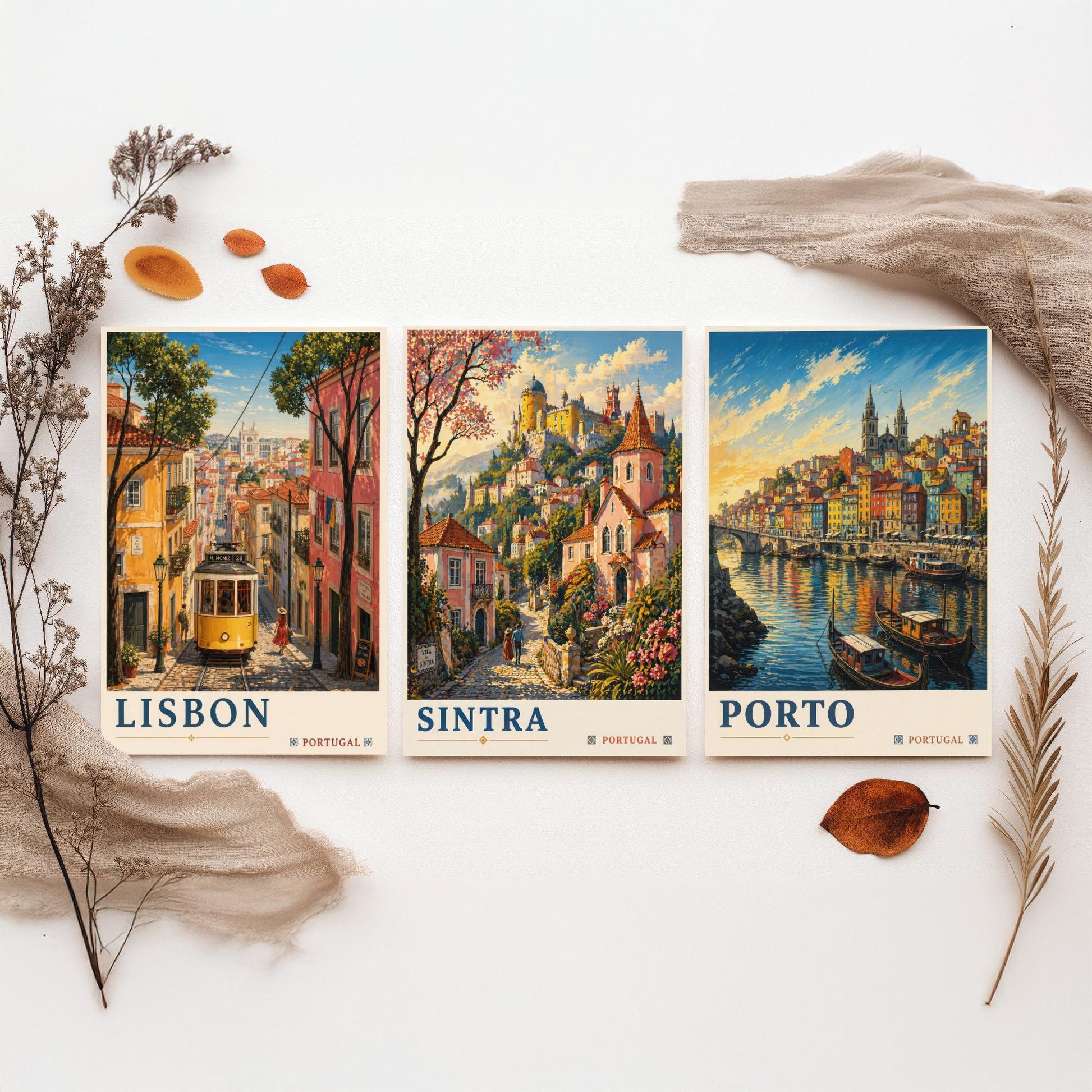 Portugal Set of Three Art Prints - 3 Lisbon Sintra Porto Posters - Golden Vintage Wall Art Painting Travel ludwig V2